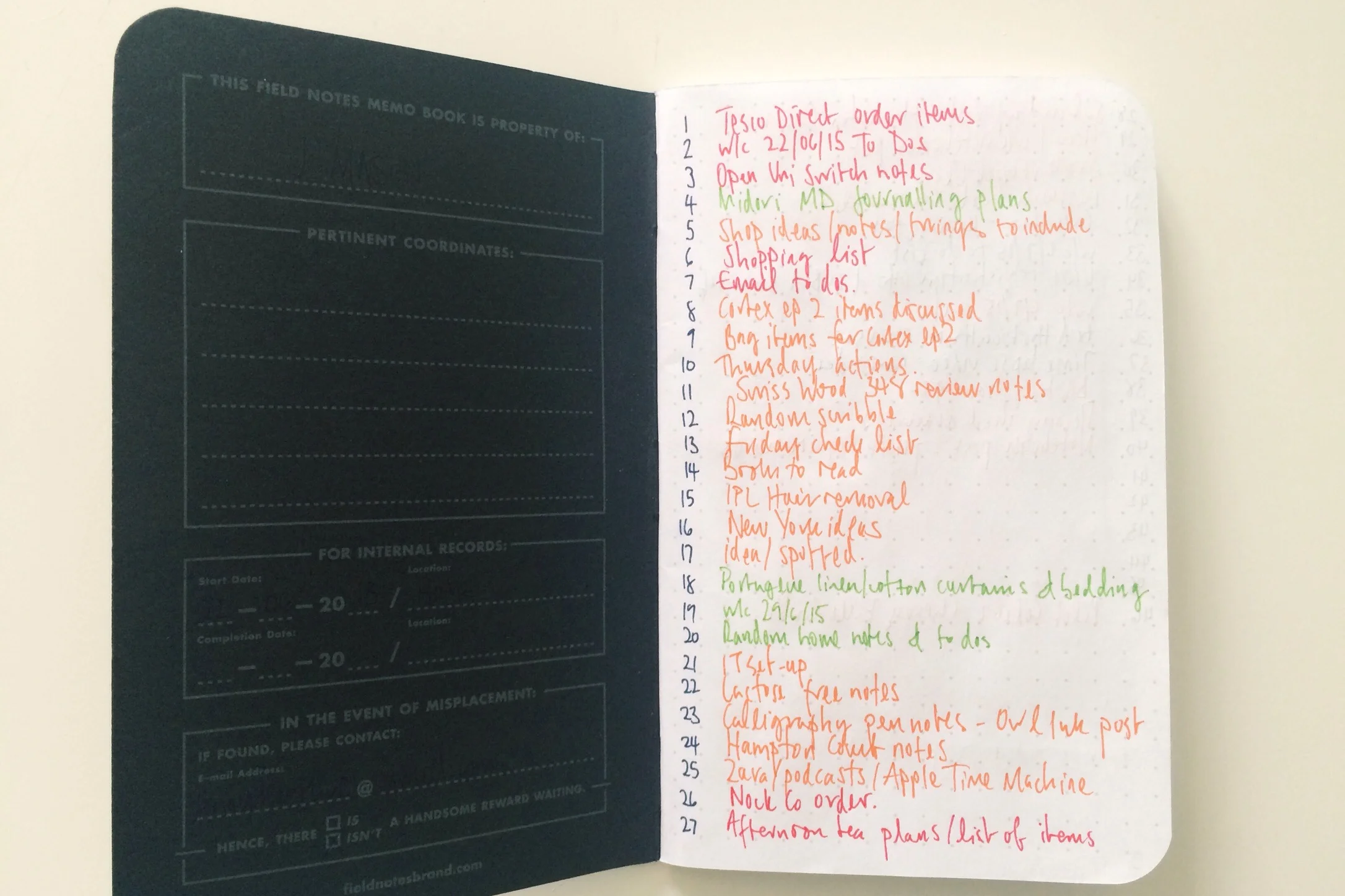 Pocket Notebook Contents Page