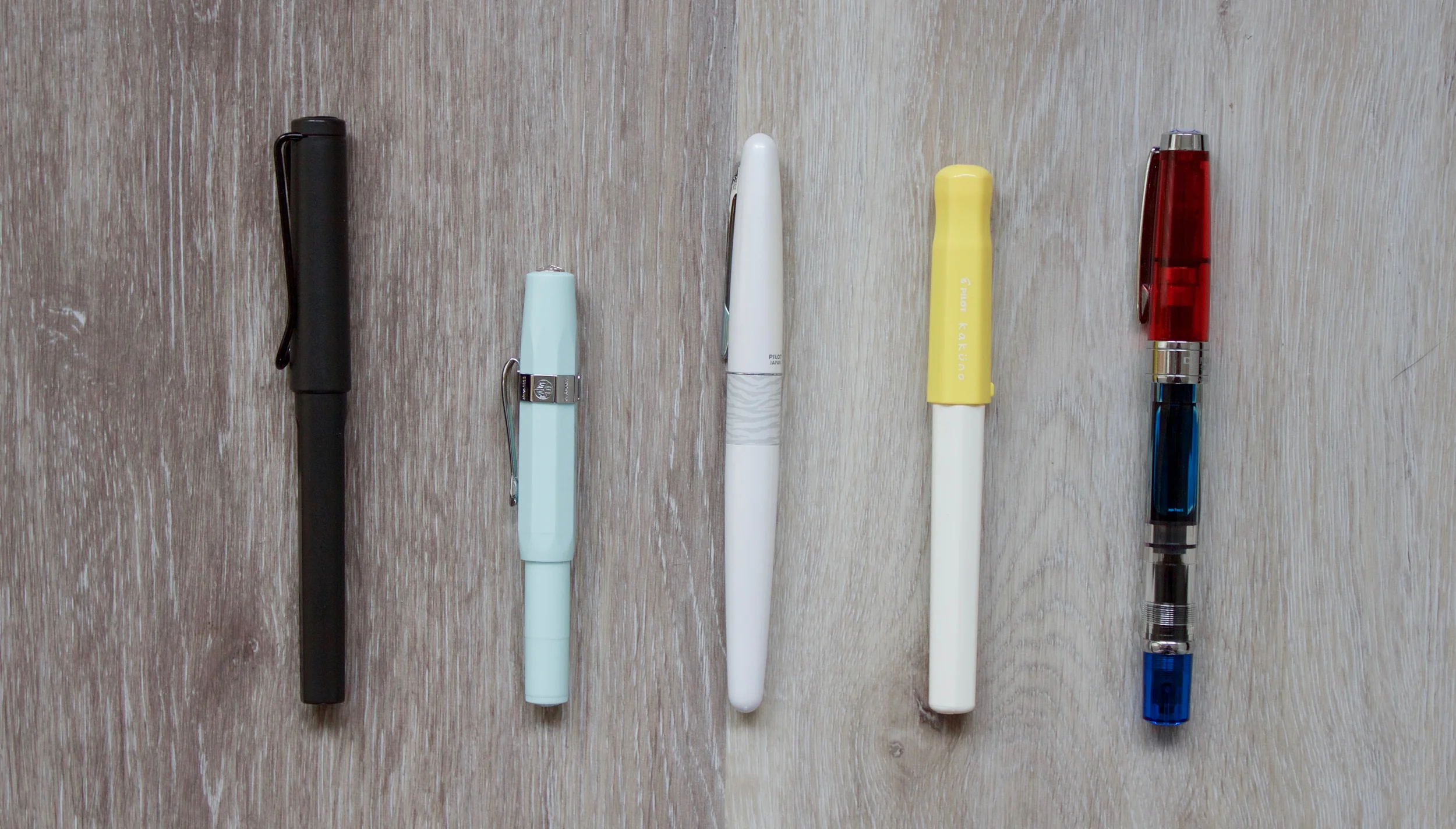 The Lamy Safari, Kaweco Skyline Sport in Mint Green, Pilot MR, Pilot Kakuno and TWSBI 580 RB