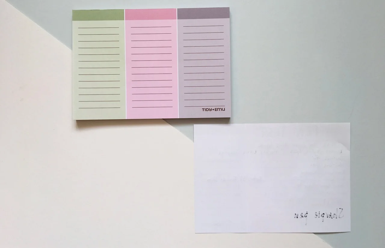The reverse side of the A5 notepad - the Sharpie pen shows through but everything else performed well.