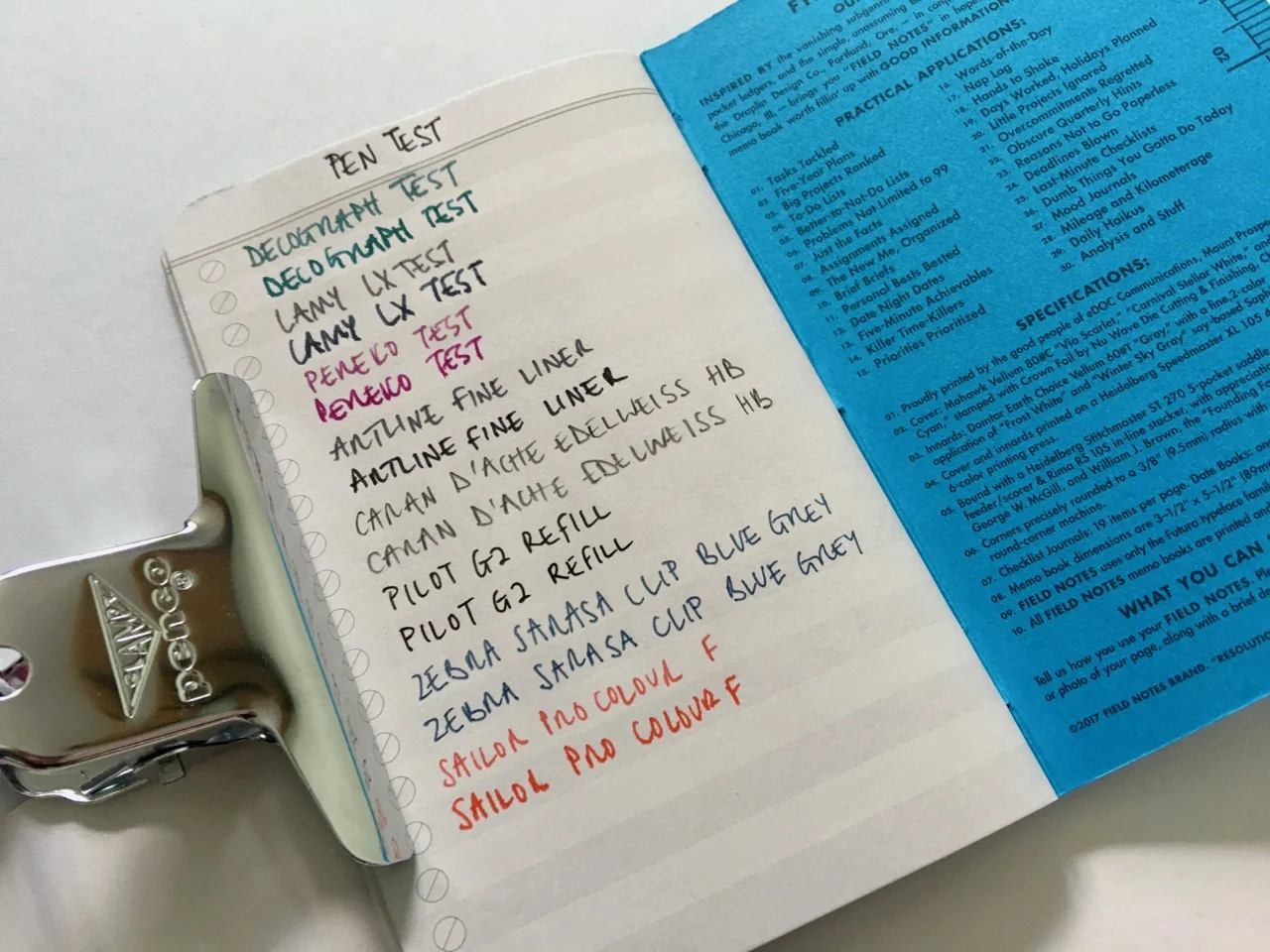 A pen test showing ink on both of the page colours