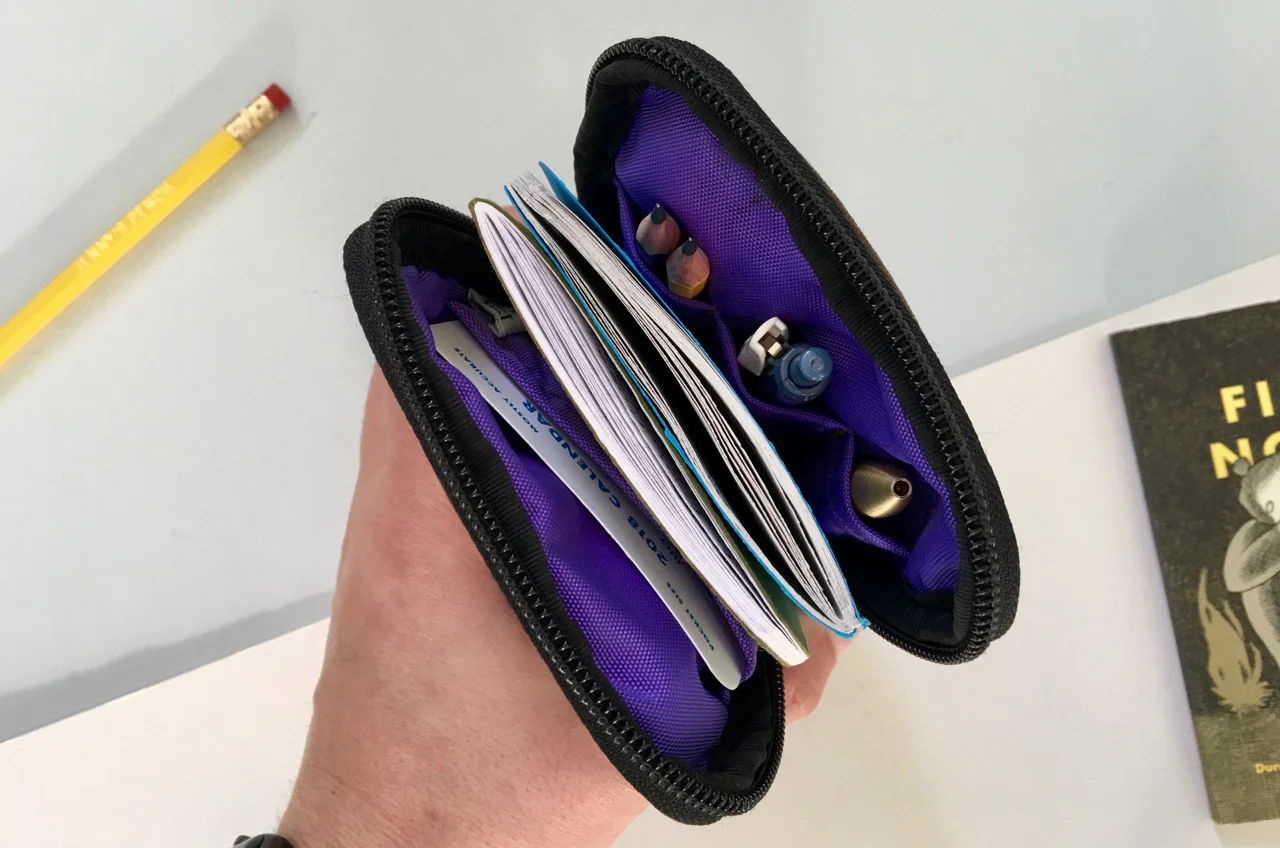 My filled Sinclair case. I can squeeze in another notebook too. 