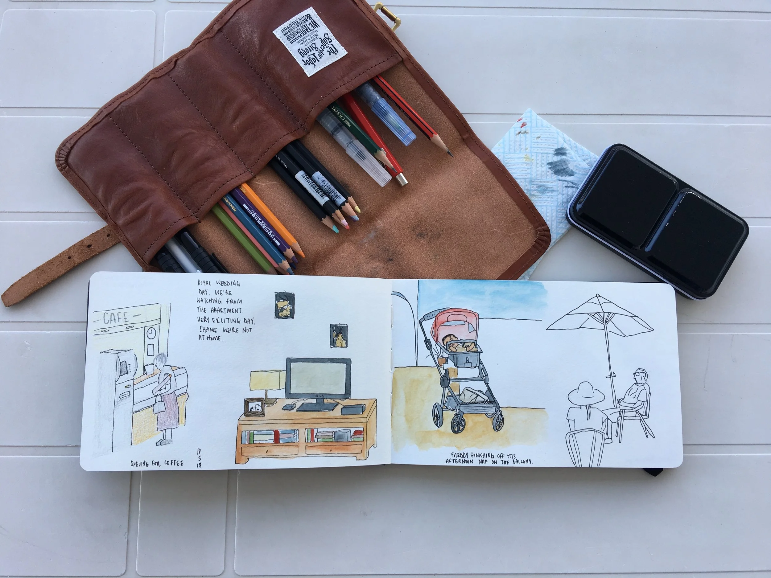Coloured pencils on the left, the rest are watercolours