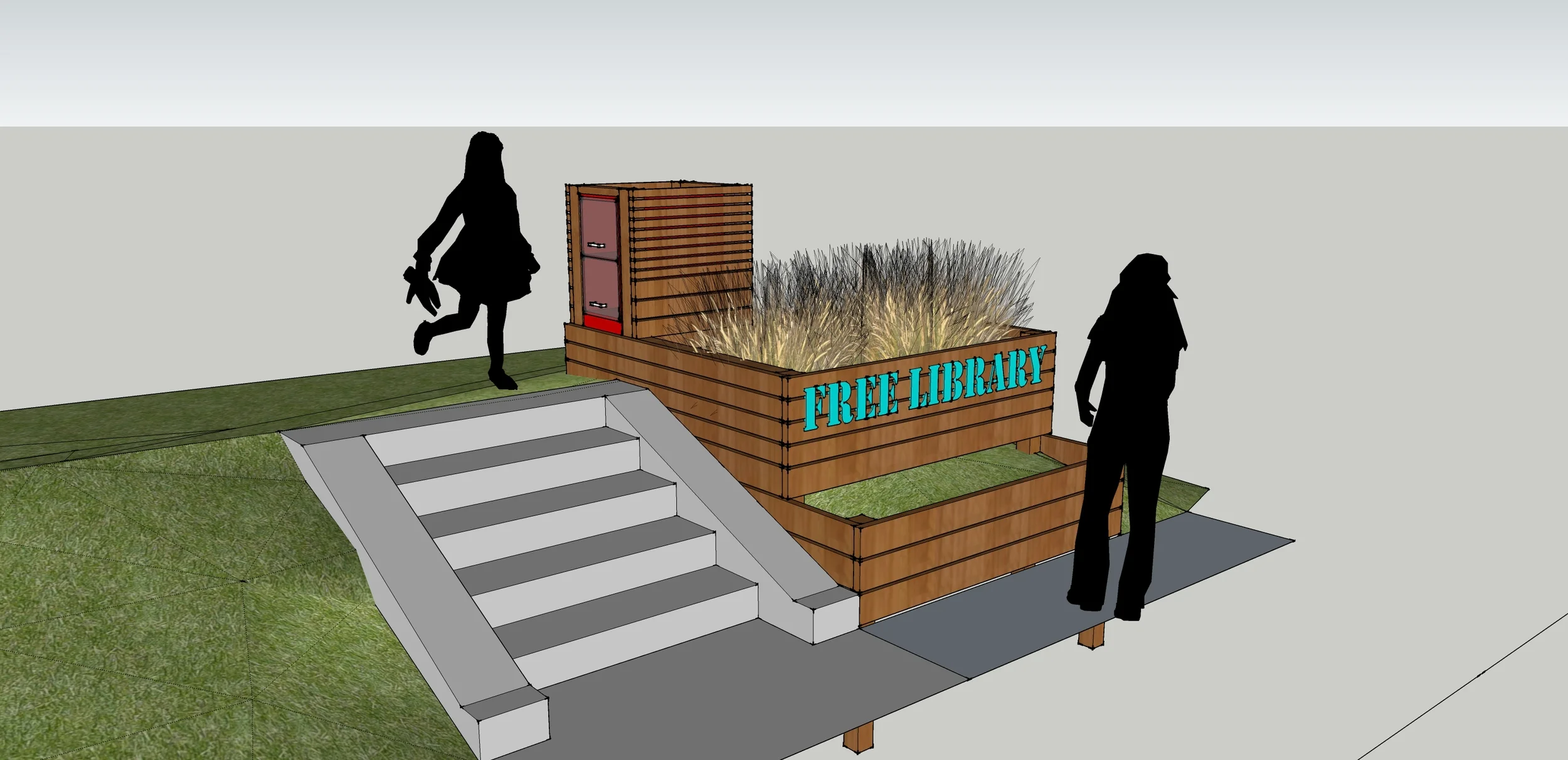 A quick modeling exercise to see how our proposed little free library could fit onto the site. 