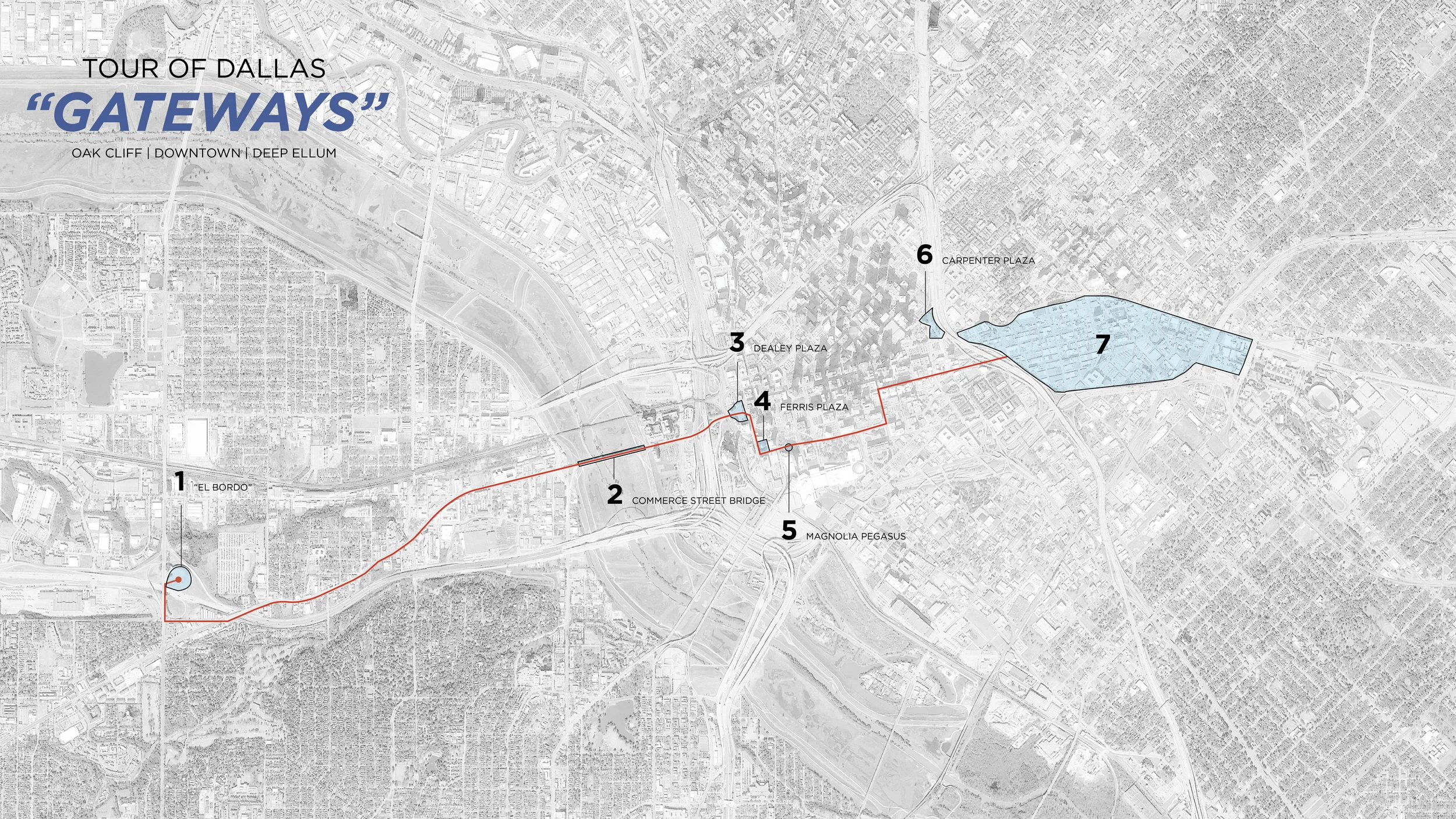 This diagram shows the route of the initial “gateways” tour with major stops listed