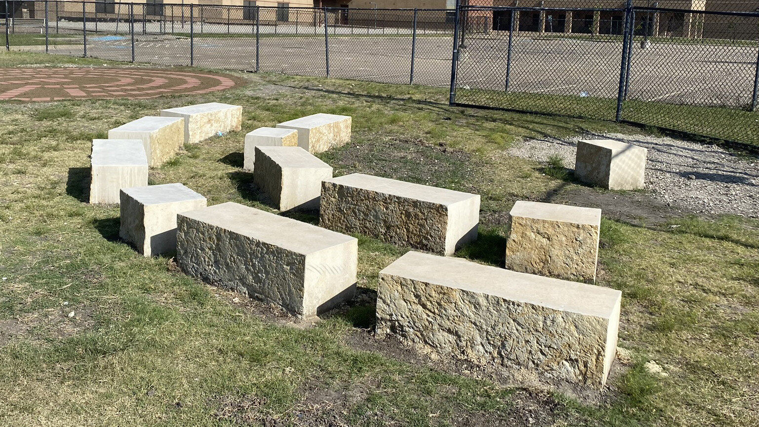  The Outdoor Learning areas are partially installed. Arturo Salazar Elementary School decided to utilize an unused backstop as the background to their group gathering area. 