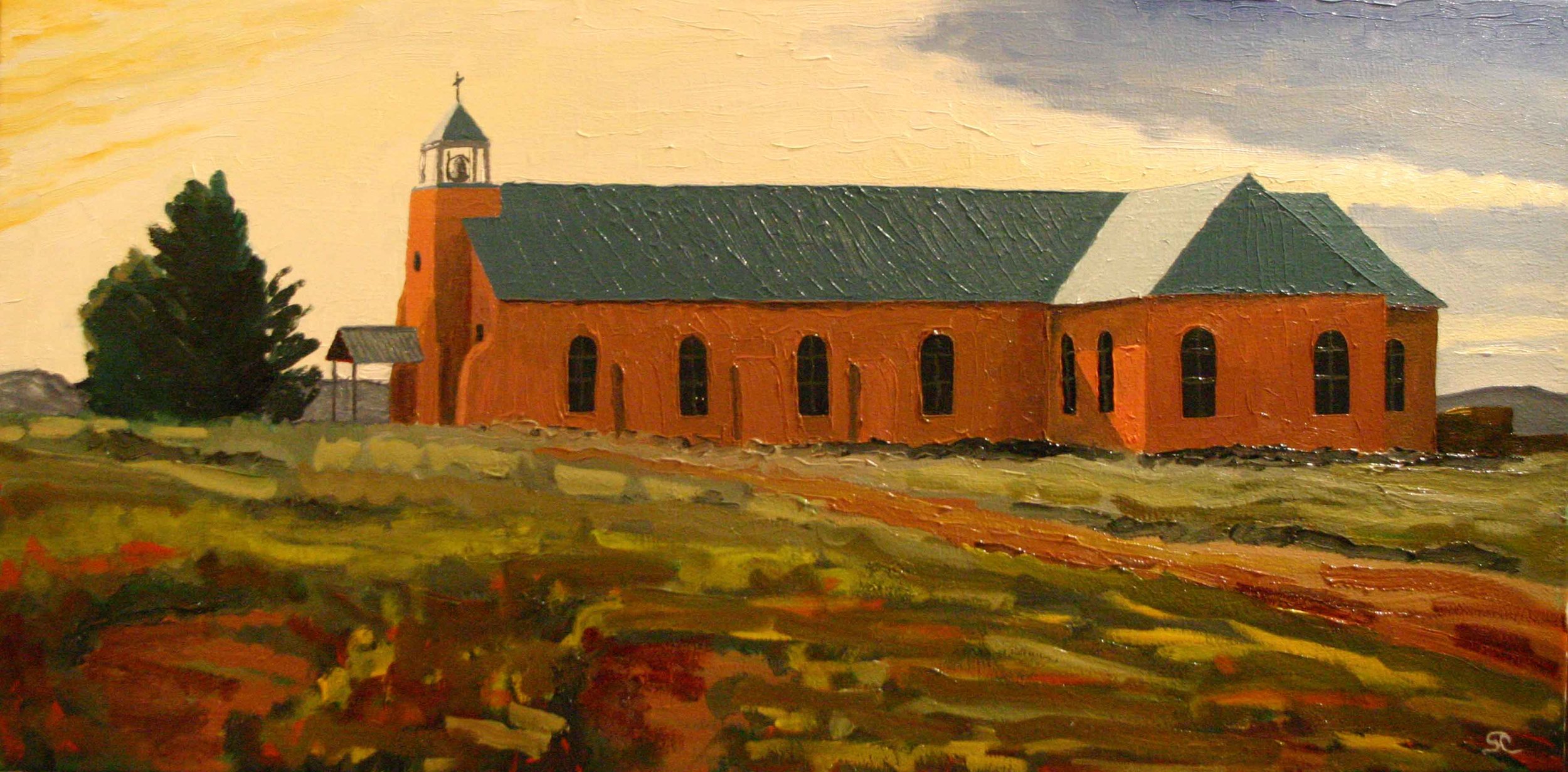 "La Iglesia Sagrado Corazon, Costilla, NM" oil on canvas 18 x 36