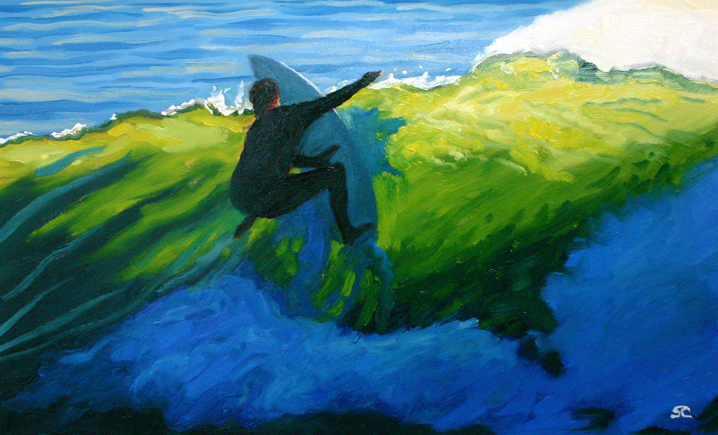 "Dane at the Dredge" oil painting on surfboard segment (donation to SurfAid International Auction NYC 2009)
