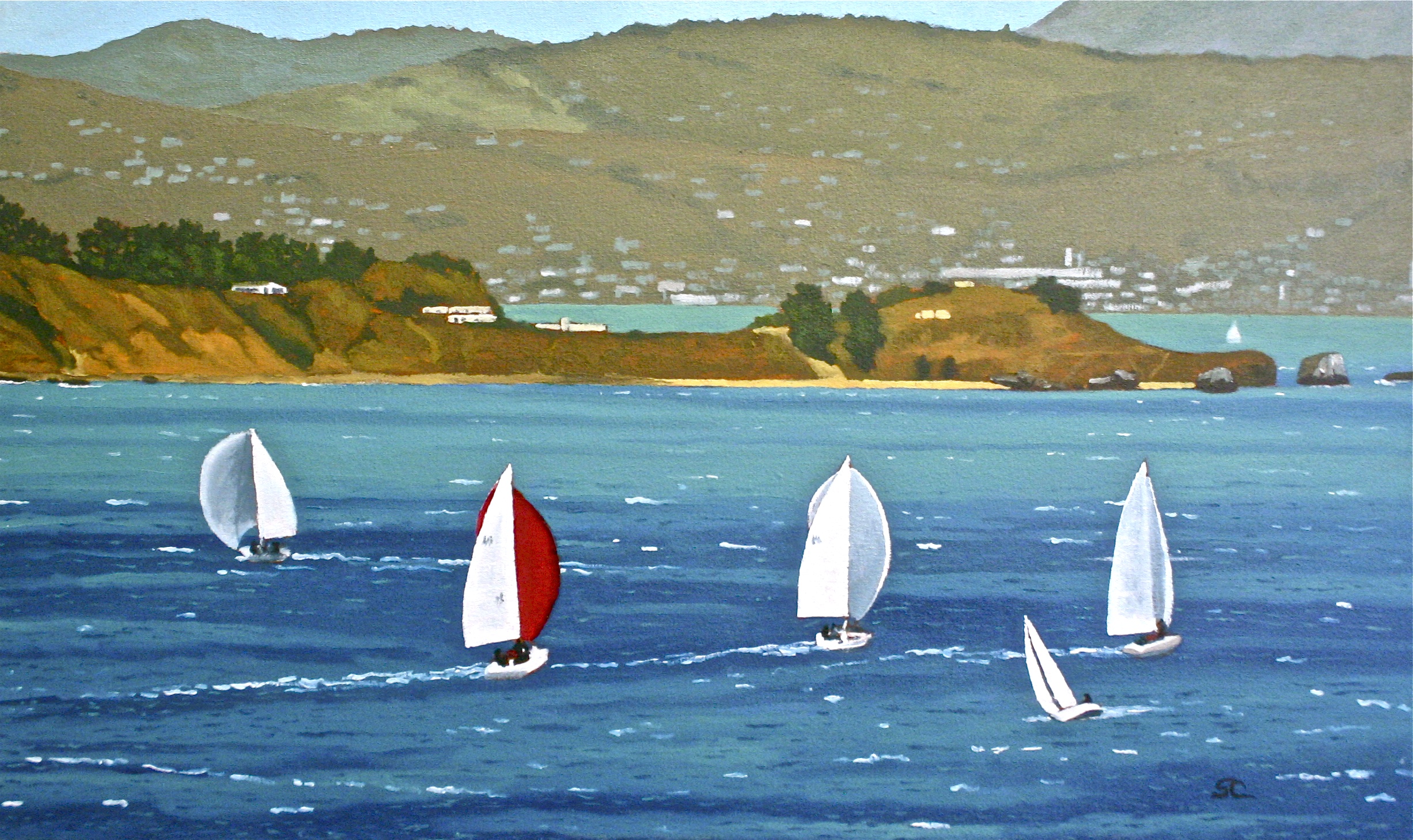"Spinnakers off Angel Island" oil on canvas 18" x 30"