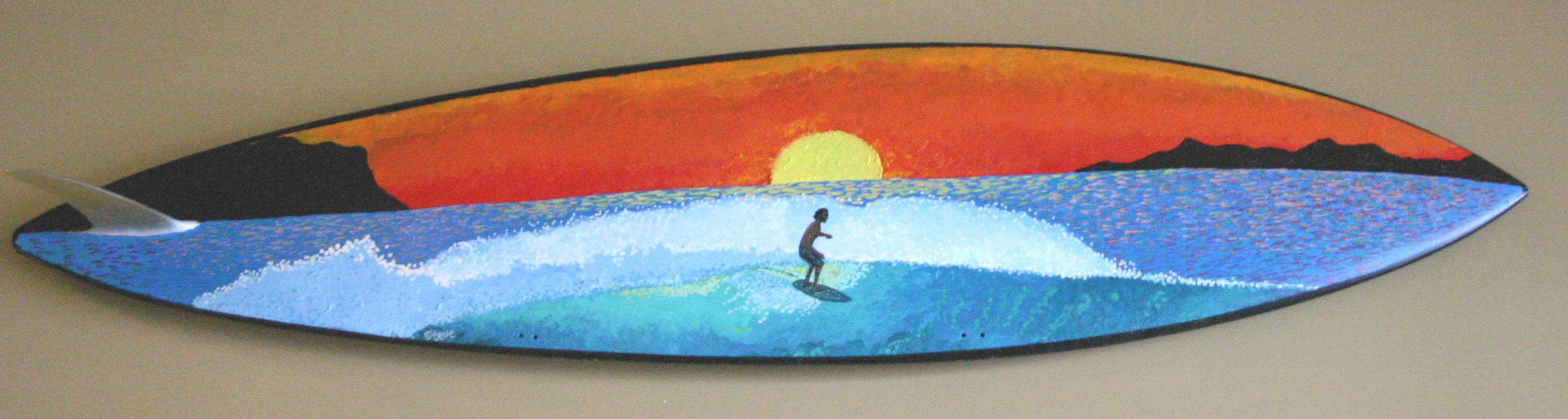 Sunset Surfer  acrylic on surfboard  sold