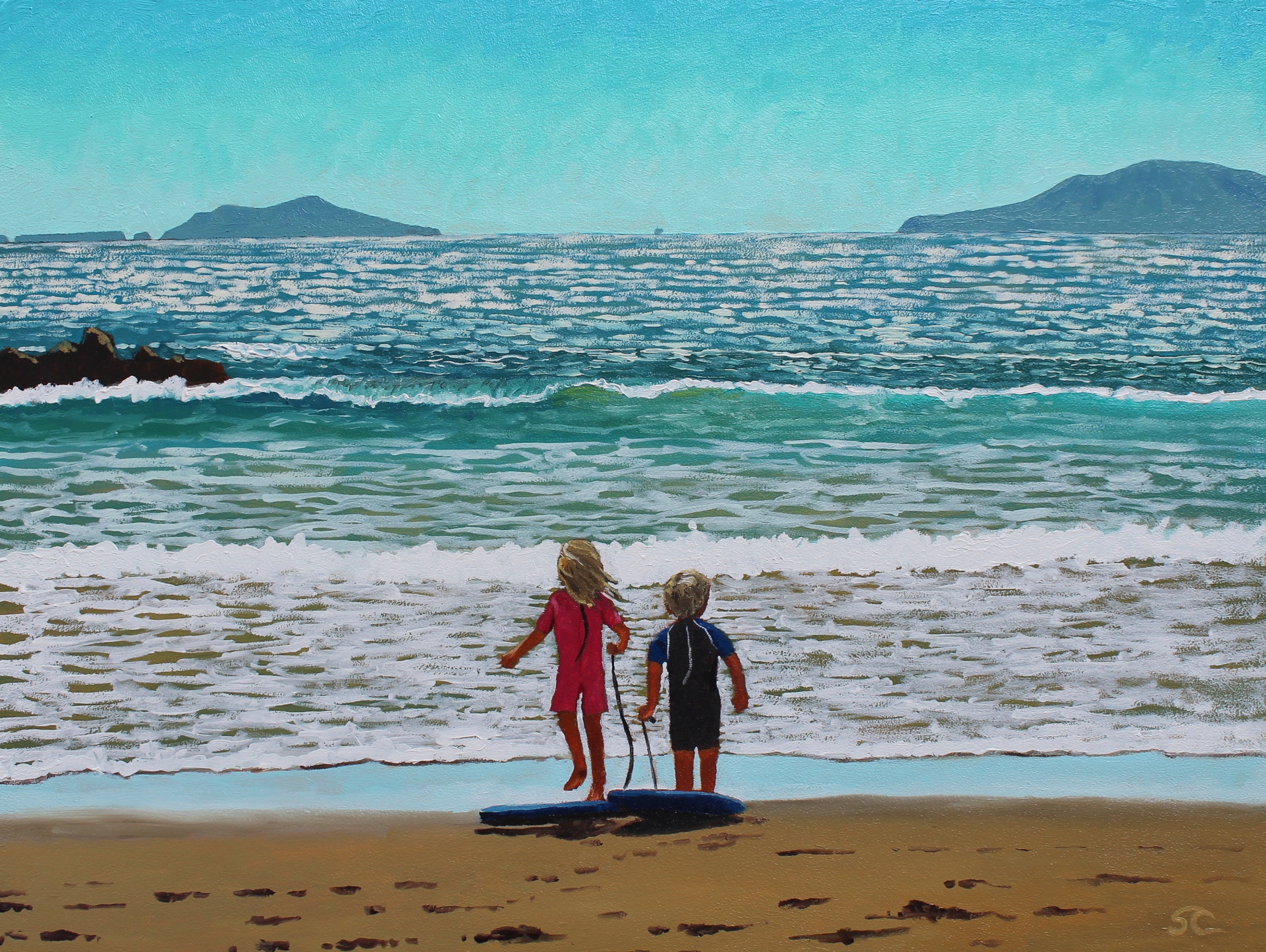 "Camille and Cal at School House Beach" oil on panel 18 x 24  Harrison family collection