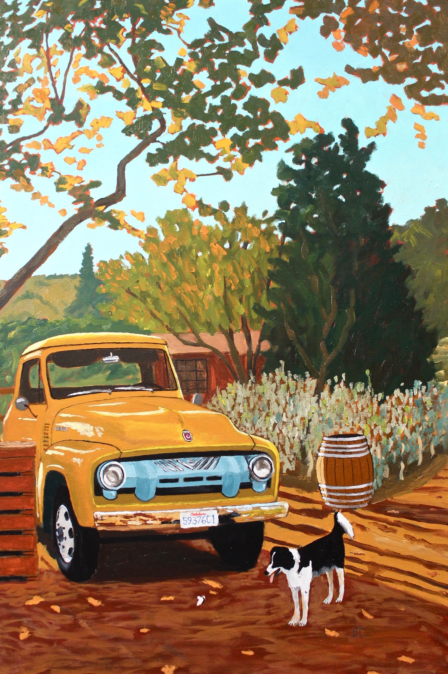 "Truck, Dog and Butterfly at Old Creek Ranch Winery" oil on canvas 24x36