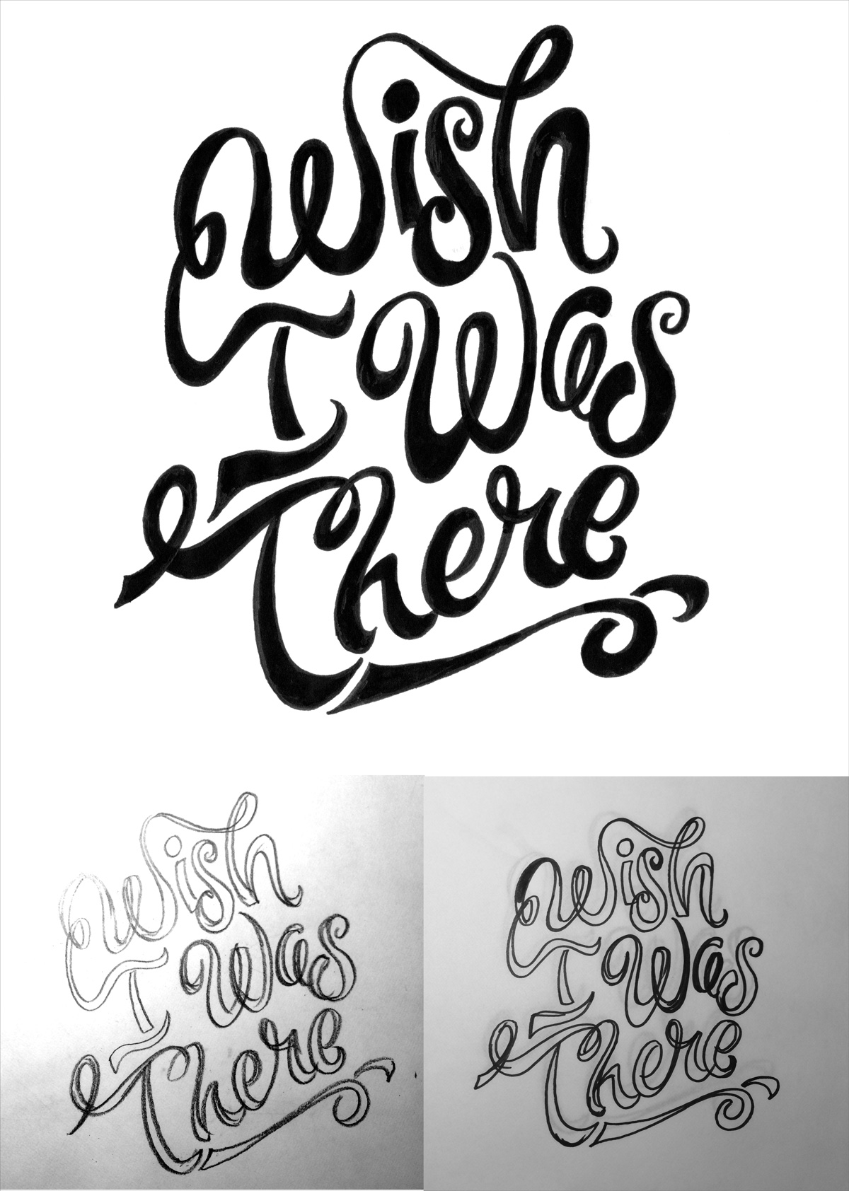Progress sketches. Bottom left: Initial loose pencil sketch. Bottom right: Ink outline Top: Inked and scanned.