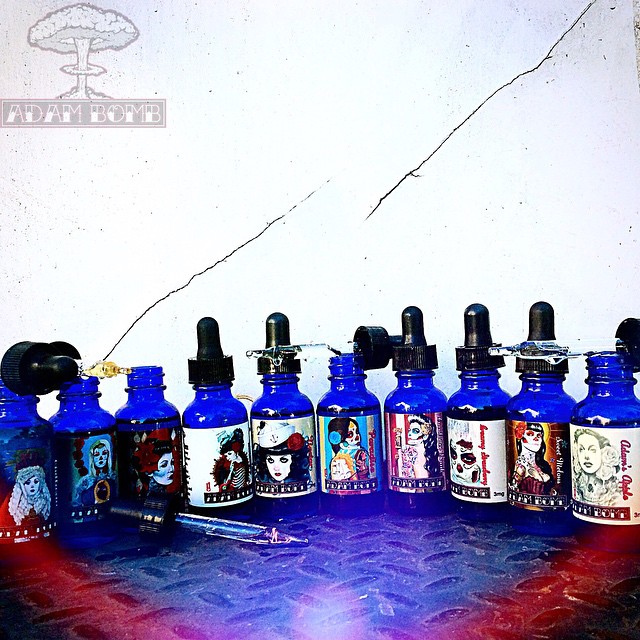 Starting the weekend out with our full line up of all 10 of our flavors... It's a tight squeeze! All flavors are available in 0, 3, 6, 12, 16, and 24 mg! Which flavor and nic level would YOU choose?

Get your favorite bottle of @adambombjuice from @l