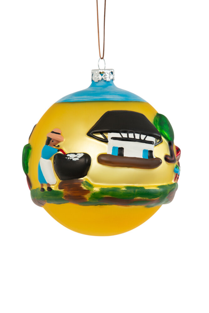 Cotton Mural 4 Round Ball Christmas Ornament The Clementine Hunter Collection-Collectible Christmas Ornaments Hand Blown Glass Handmade Hand Sculpted and Painted 