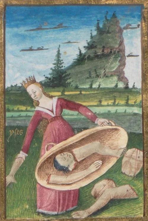 An European, Alchemical represenation: Isis gathering Osiris’ body parts. Boccaccio, Des cas des nobles hommes et femmes. 15th century