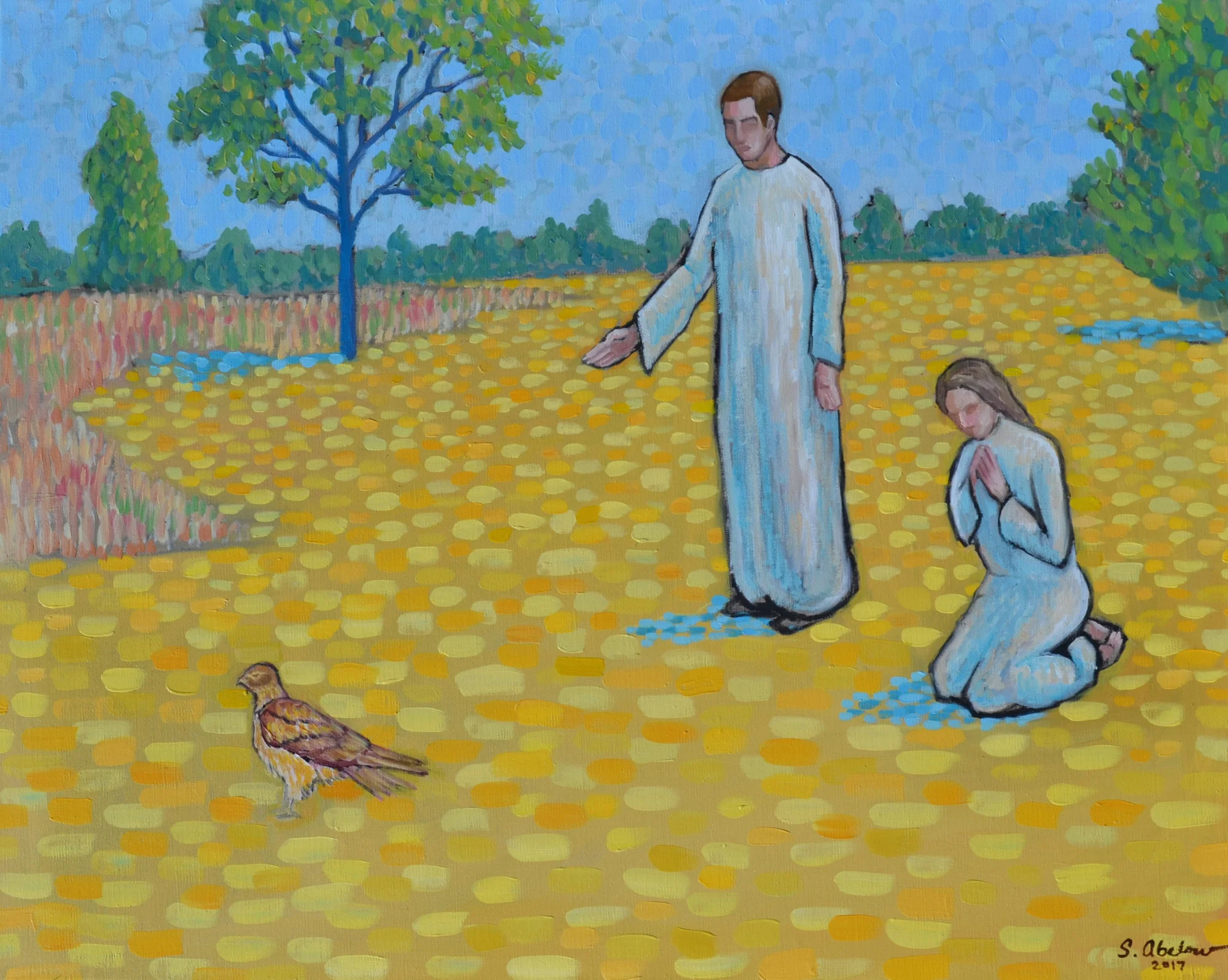 "Pastoral Scene: Encounter With a Hawk" - Oil paint on linen canvas, 24x30 inches