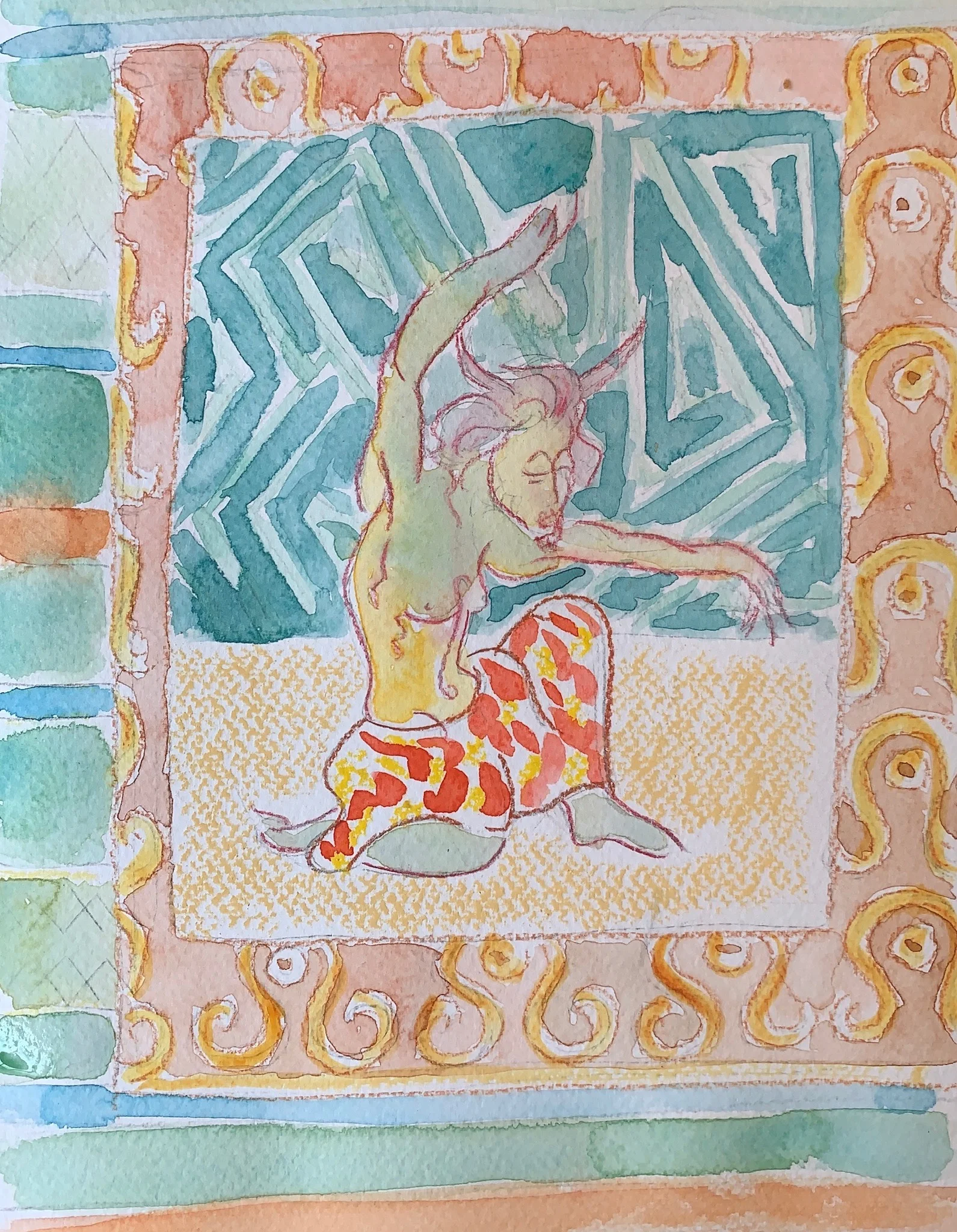 “Dionysus Ignites into Song” Watercolor, conte crayon and oil pastel on paper, 12 x 10 inches.