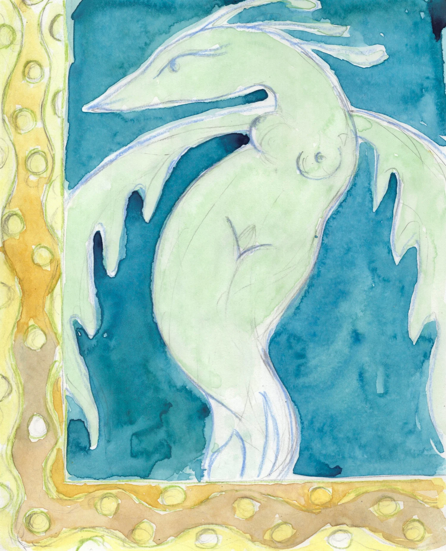 “Ishtar Bird Study II” Graphite, colored pencil and watercolor on paper, 10 x 8 inches.