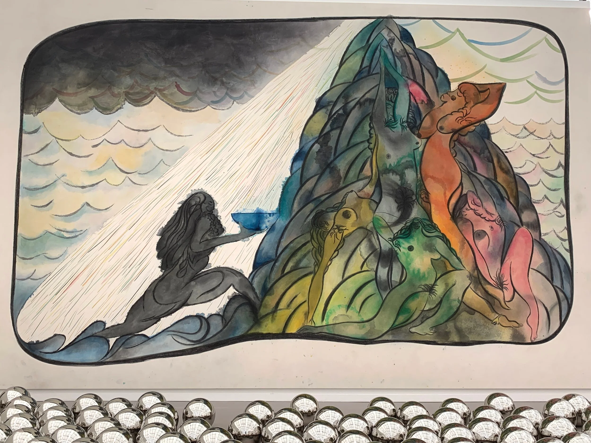 Installation view, Chris Ofili, “To Take and To Give,” 2012. Acrylic on canvas, 519 × 880 cm. Presented by Victoria Miro at the Frieze Art Fair 2019. Photograph by myself.