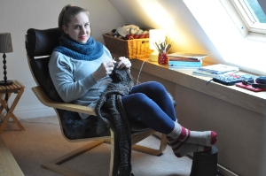 Working on Jared Flood's Guernsey wrap in New Lanark Aran .