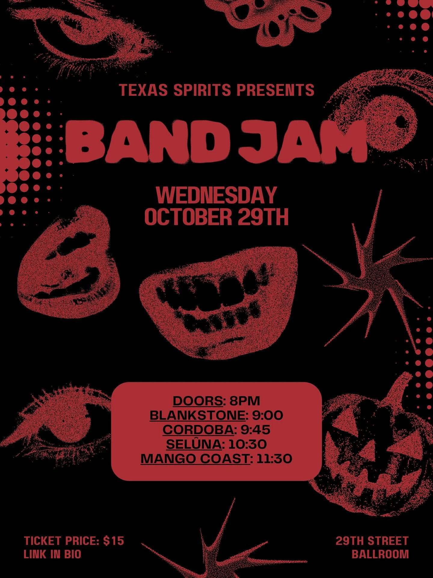 Texas Spirits Presents: 30th Annual Band Jam! 🎸
Join us Wednesday, October 29th @ The Ballroom for our biggest fundraiser of the year! All proceeds go to Saint Louise House! 
Ticket link in bio. 
Featuring:
@blankstonemusic
@cordooooba
@selunaban