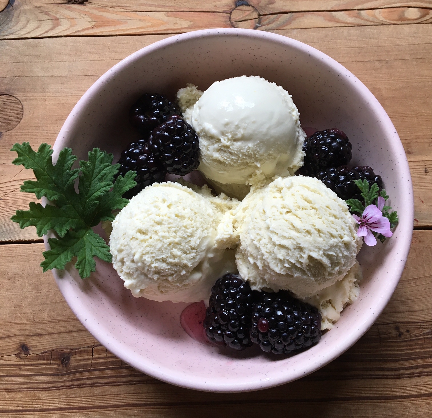 Rose Geranium Ice Cream with Rose Geranium Blackberries