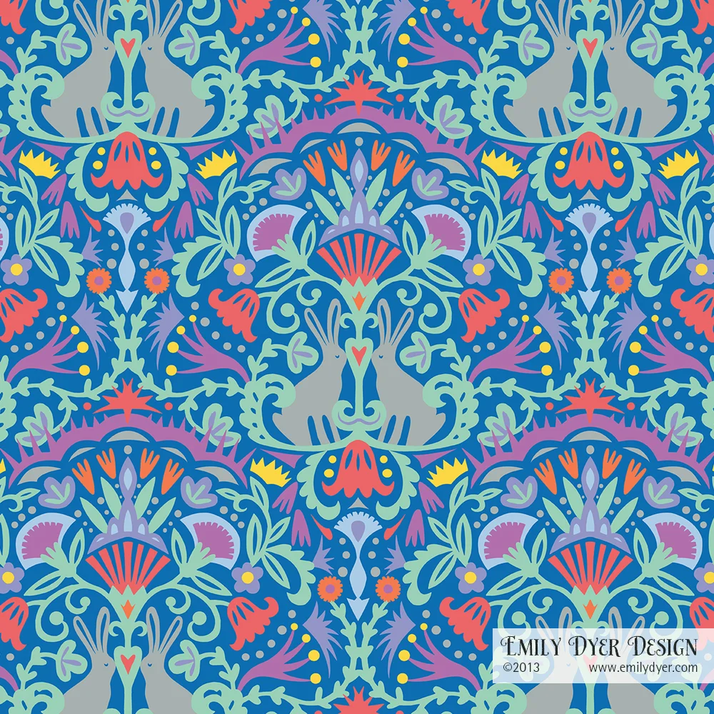 Bunny Love. Multicolor on blue. Papercut and digital. © 2014 Emily Dyer.