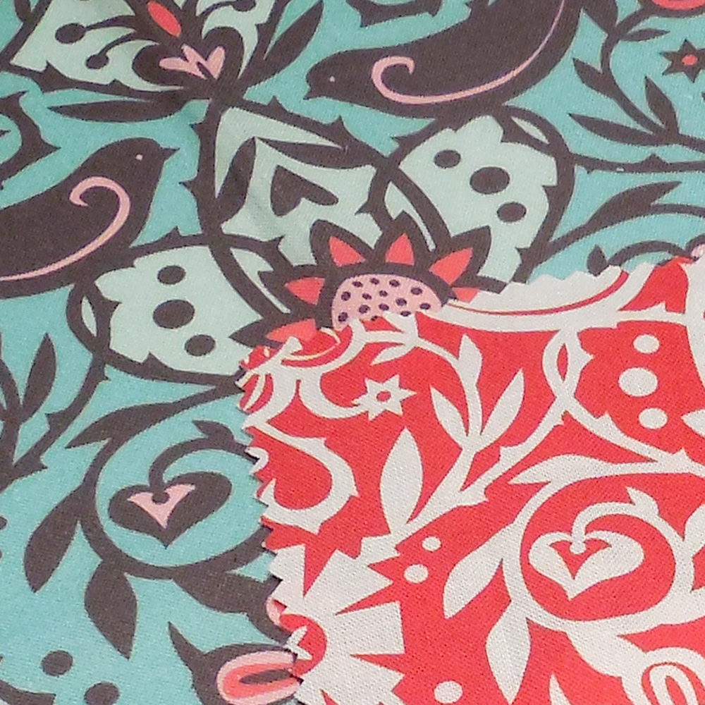 Lovebirds Fabric Swatches in two colorways.