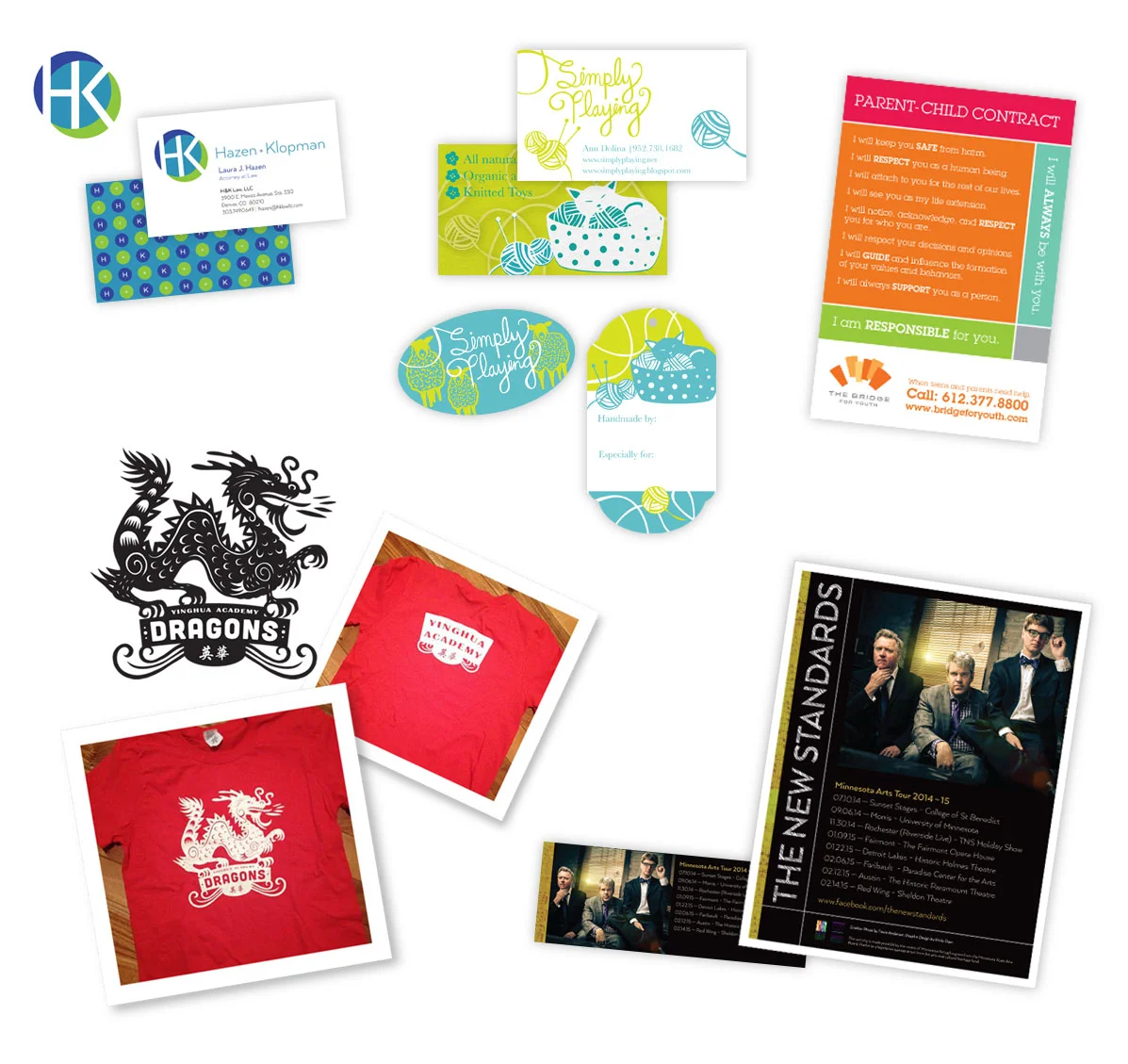 From top left: Logo and business cards for HKLaw, LLC (Denver, CO) as part of a comprehensive identity system, Simply Playing (Hopkins, MN) business cards, stickers and product hang-tags as part of a larger identity system; postcards for The Bridge For Youth (MInneapolis, MN); school sports team logo for Yinghua Academy (Minneapolis, MN); tour poster and facebook banner for The New Standards (MInneapolis, MN).