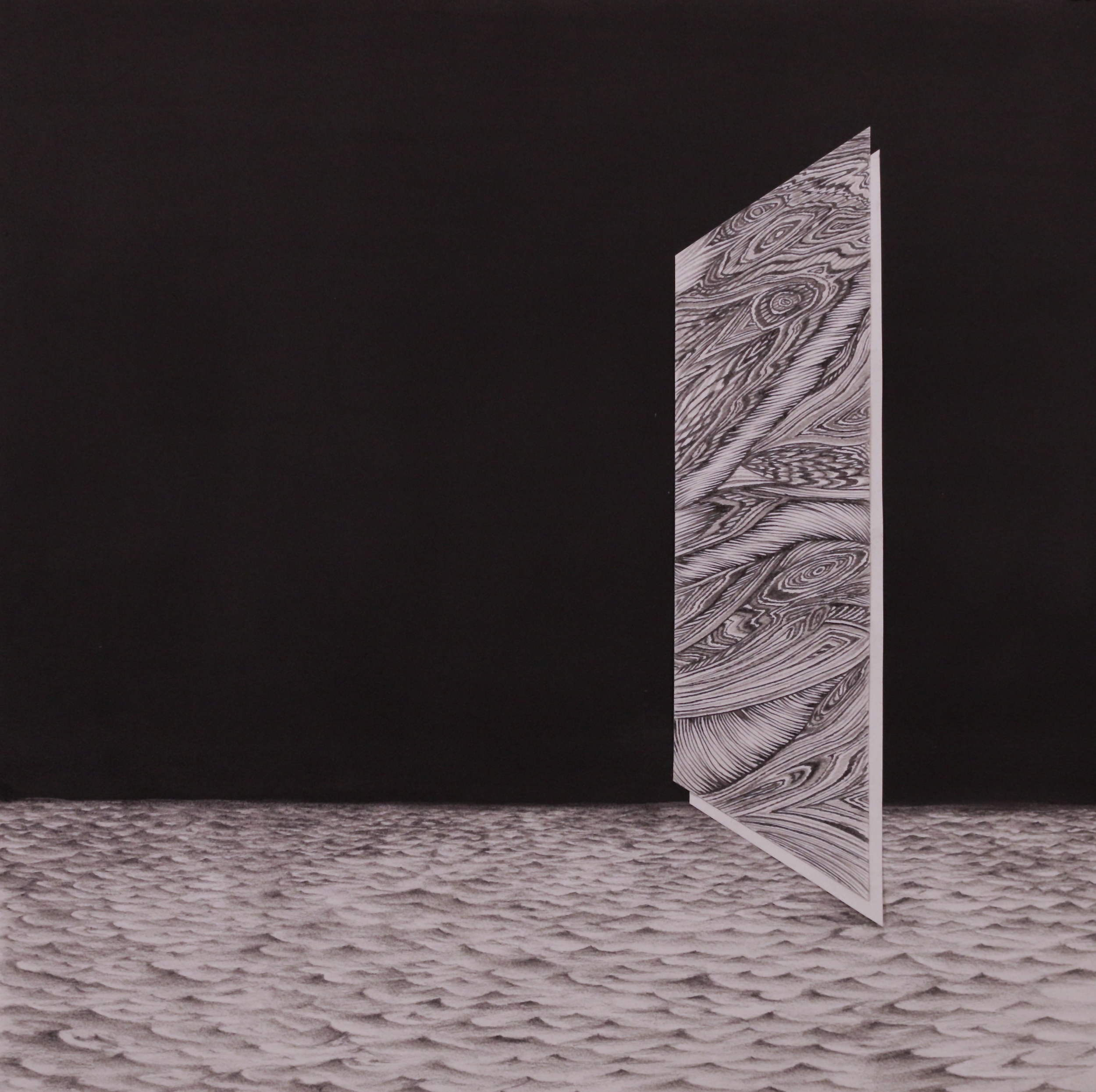 Untitled (Landscape with Monolith), 19''x19'', Graphite and Cut Paper Collage, 2014