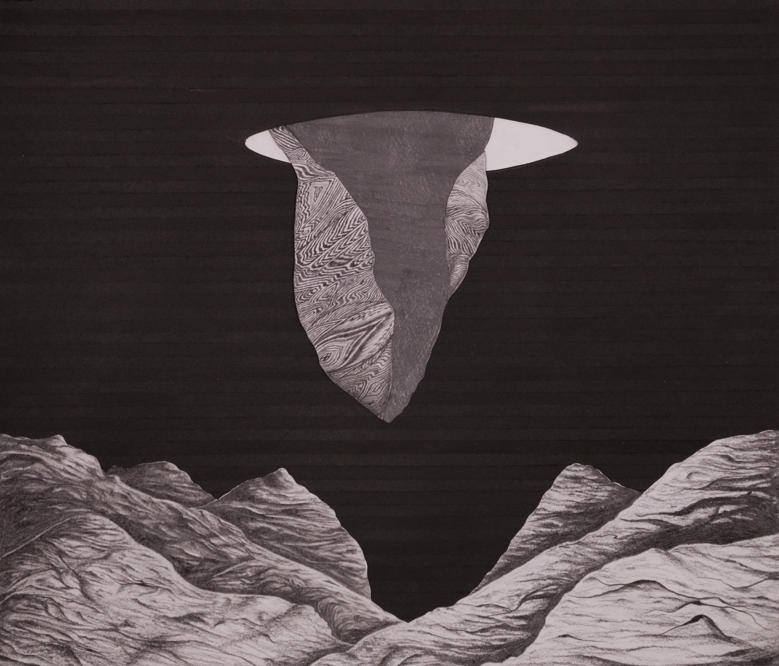 Untitled (Mountains with Portal), 16''x14'', Graphite, Gouache and Cut Paper Collage, 2014