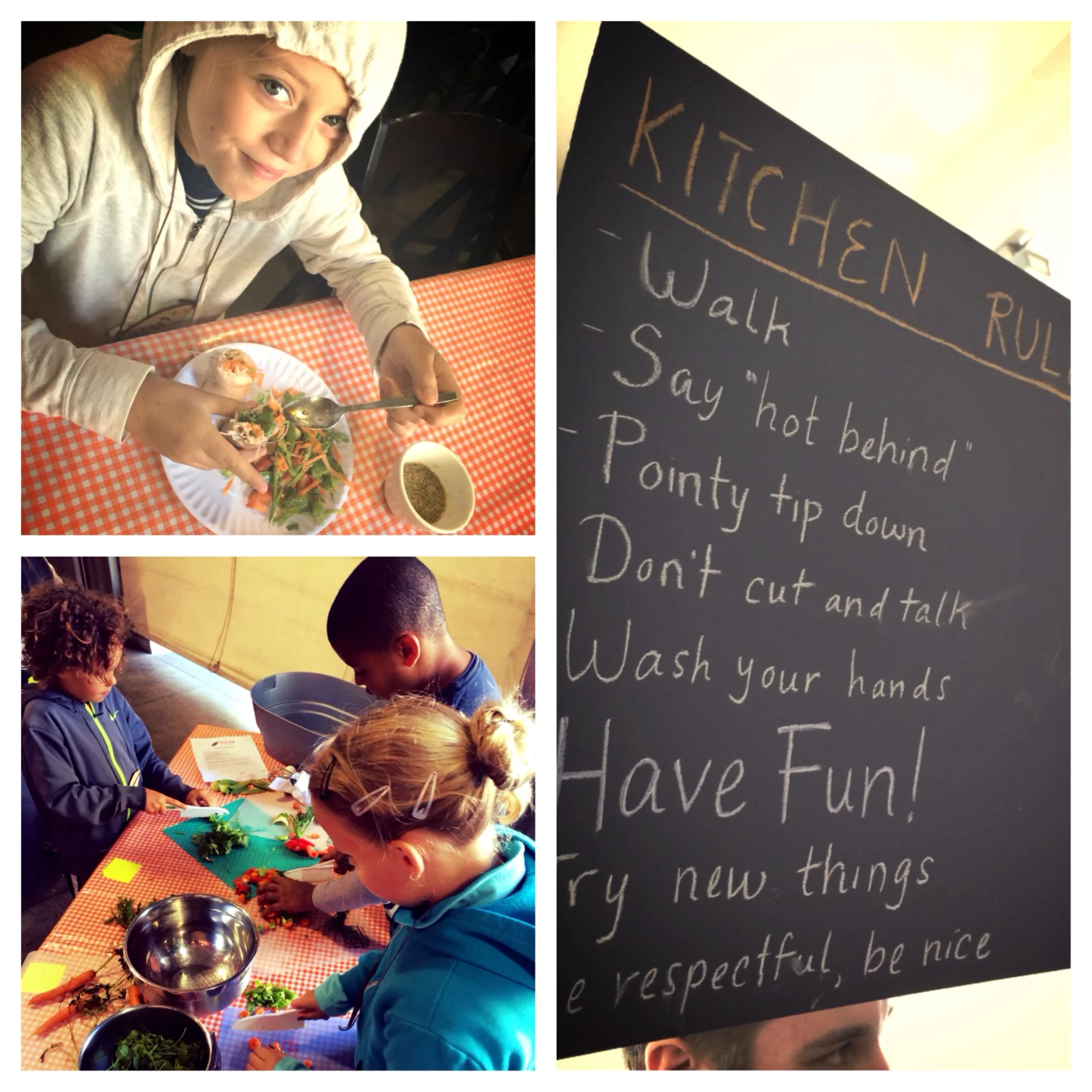 The campers used the "kitchen rules" they'd just created to chop veggies for fresh spring rolls.