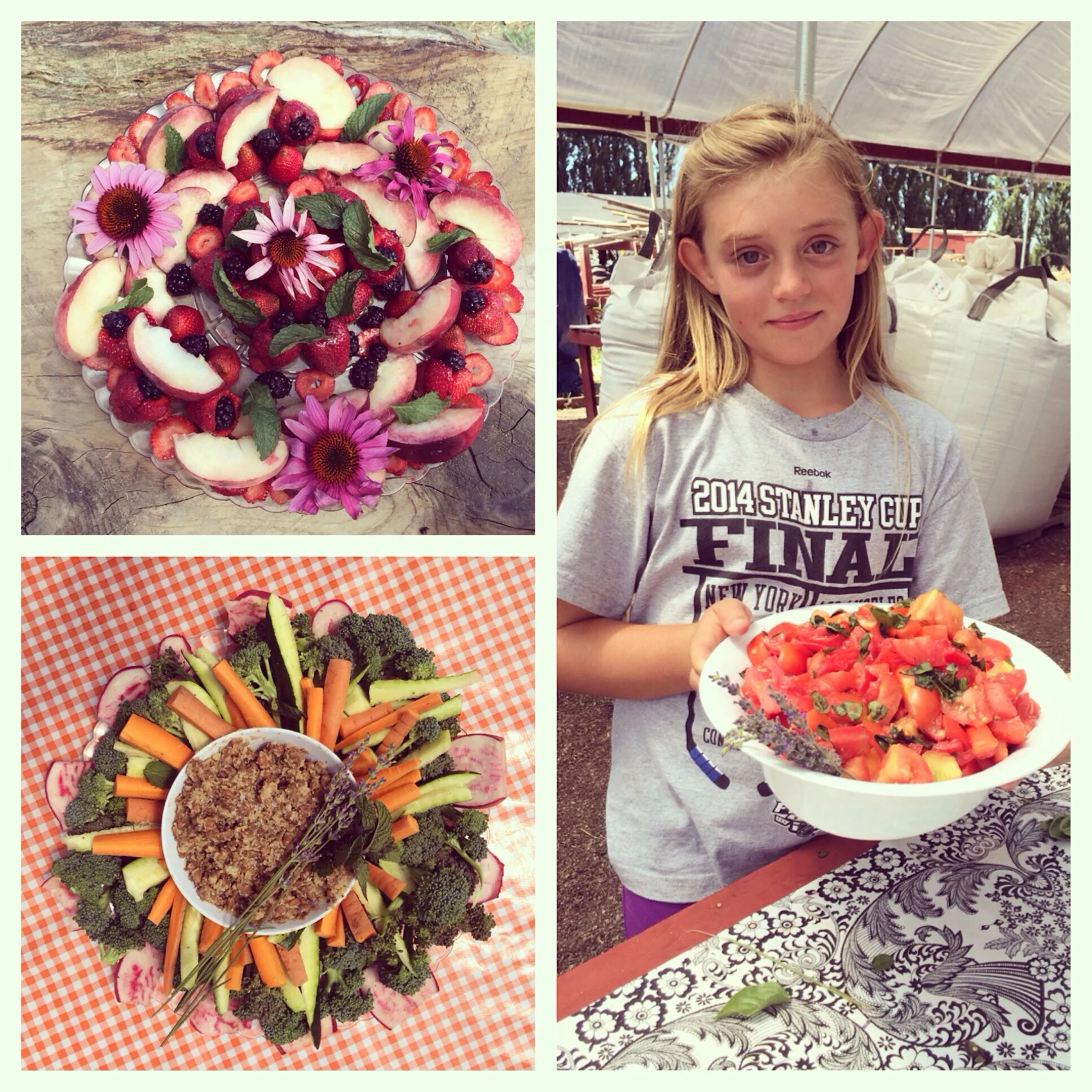 The fruit salad, the bean dip and Lily, holding the caprese. 