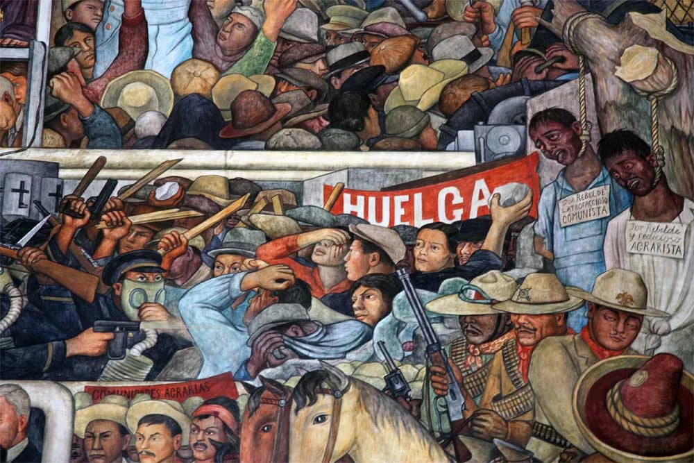 Detail of the History of Mexico mural painted by Diego Rivera at the Palacio Nacional in Mexico City. This close up details Mexico's history of conflict, rebellions, revolution against oppression.&nbsp;