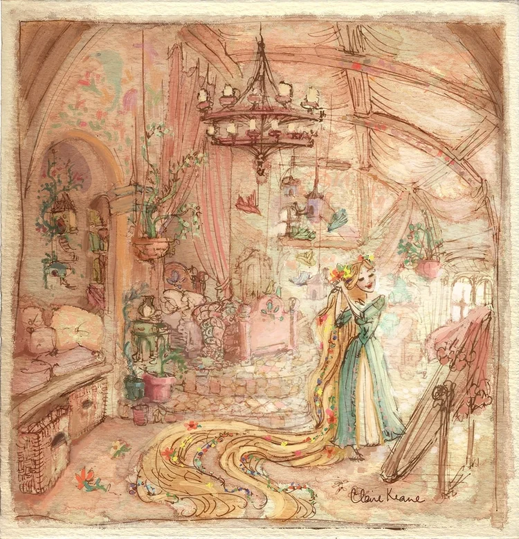 T A N G L E D While working on Tangled at Disney, I explored many aspects of Rapunzel: her character, clothing, personality and surroundings- even her painting style. You can also check out the sketchbook I used to explore what a day in Rapunzel's tower would look like at the end of the collection.