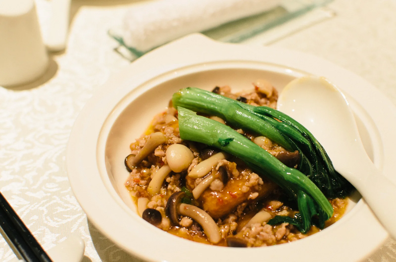Braised Homemade Bean Curd with Minced Pork and Pine Mushrooms in Chef’s Special Homemade XO Chilli Sauce (海天楼酱皇豆腐)