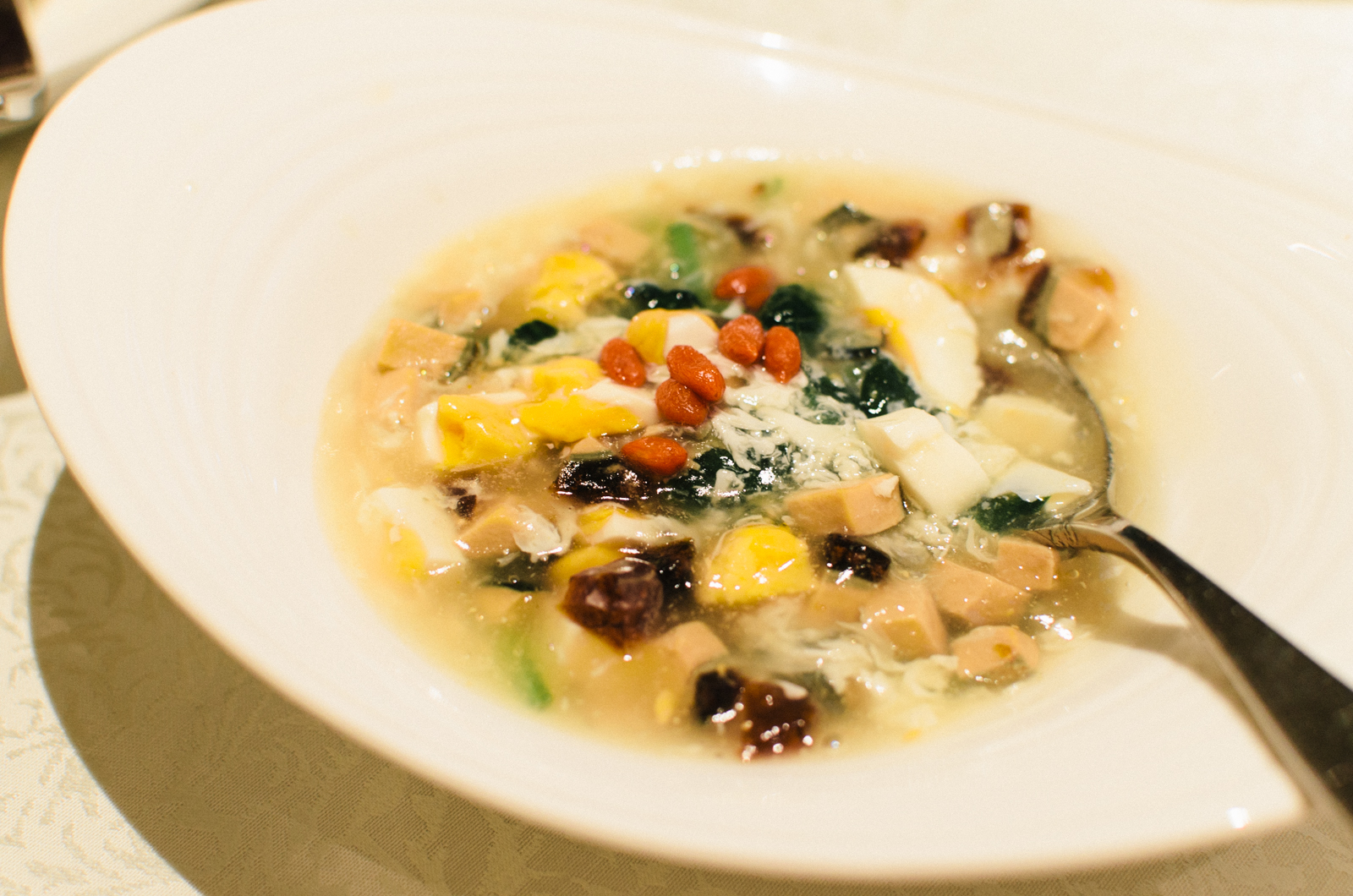 Poached Chinese Spinach with Assorted Eggs in Superior Stock (三皇蛋泡嫩菜苗)