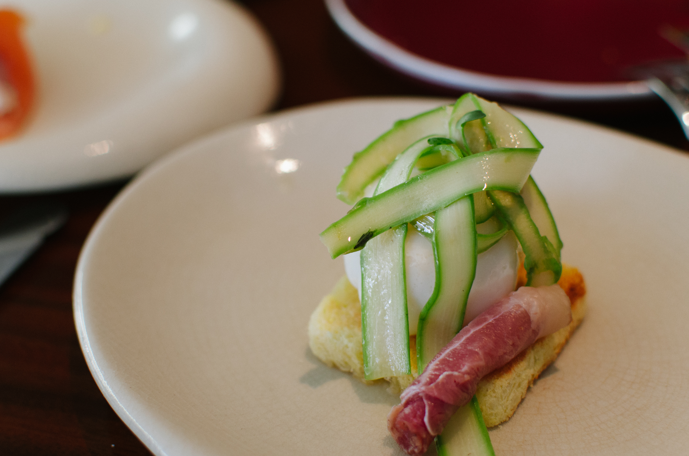 Poached Duck Egg, Asparagus, Cured Ham, Mustard Truffle Dressing&nbsp;