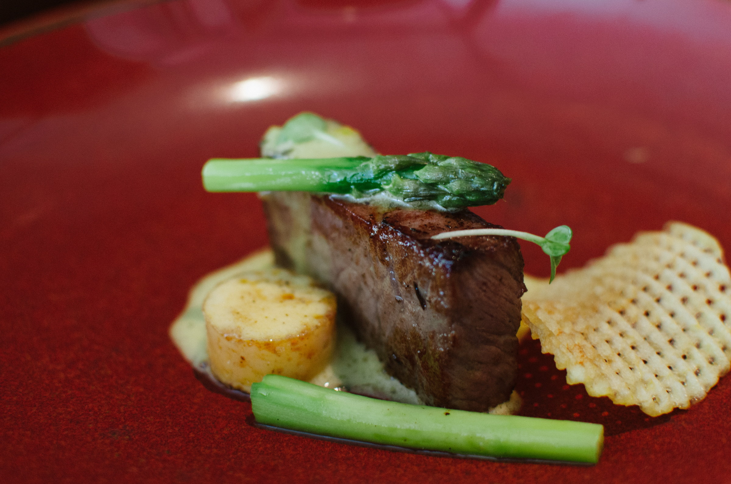 250-Day Grain-fed Beef Cube Roll, Asparagus, Fried Duck Egg, Bearnaise Sauce