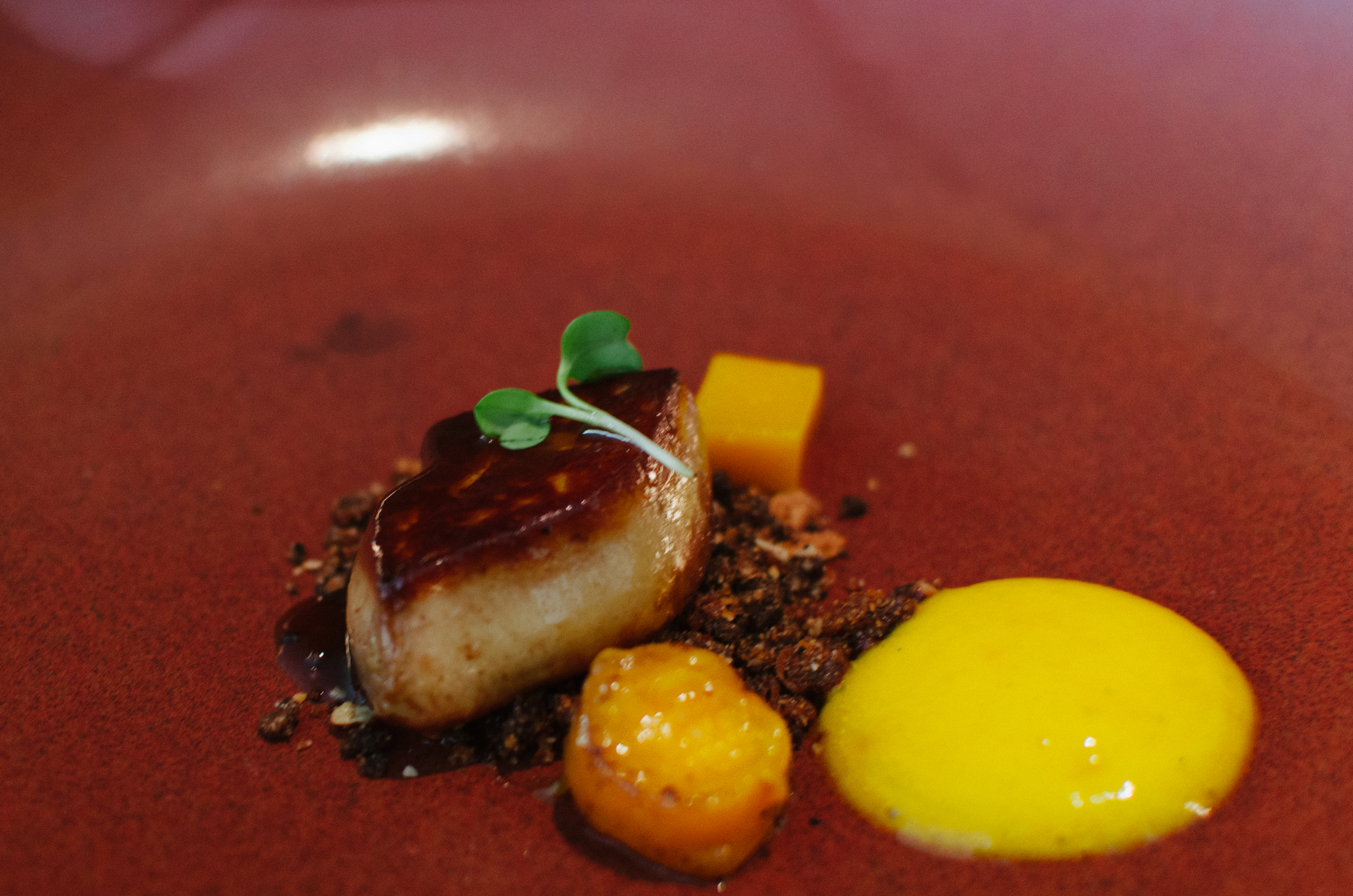 Foie Gras Pan Seared, Spiced "Gula Jawa" Crumble, Mango Two Ways