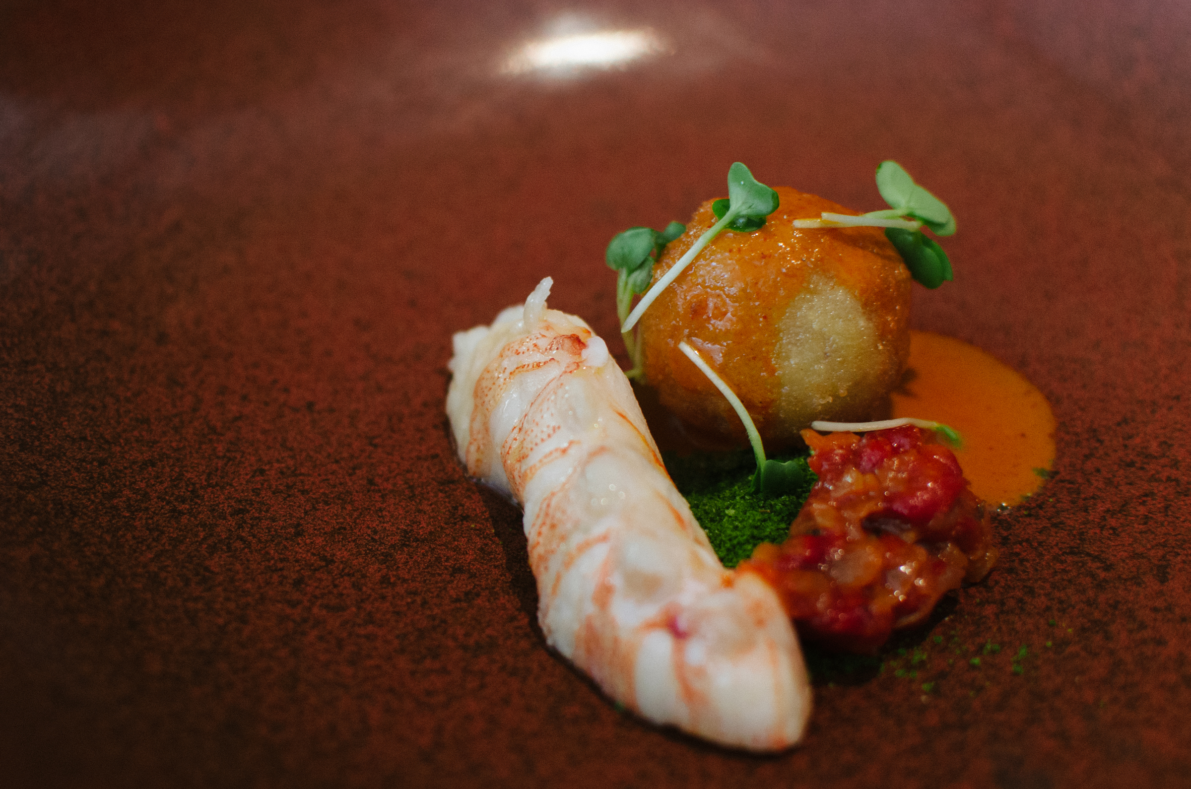 Sous Vide Lobster, Asian Arancini, Coriander Dust, Red Curry Sauce&nbsp;