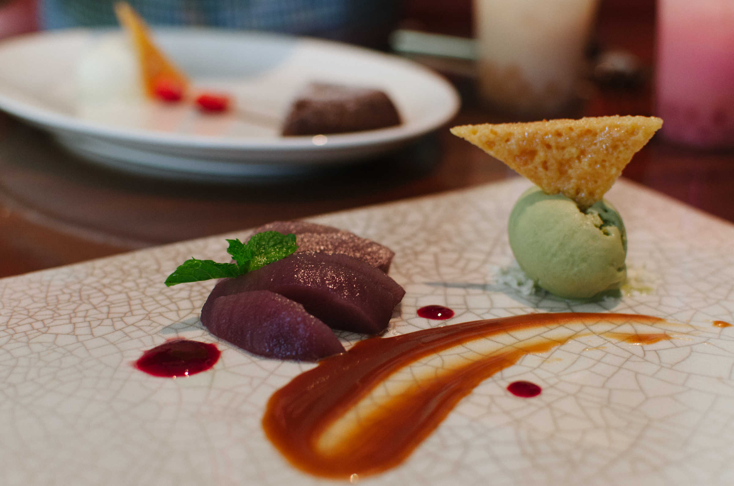 Pear Poached Galette, Caramelized White Chocolate, Green Tea Ice Cream