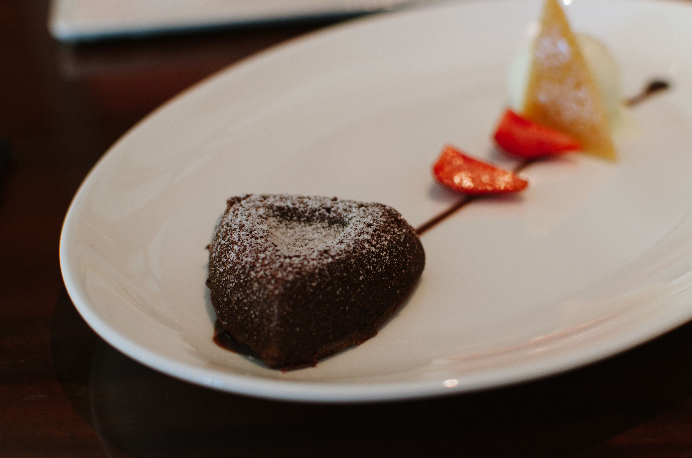 Chocolate Fondant, Nougat Biscuit, Toffee Sauce, Vanilla Bean Ice Cream