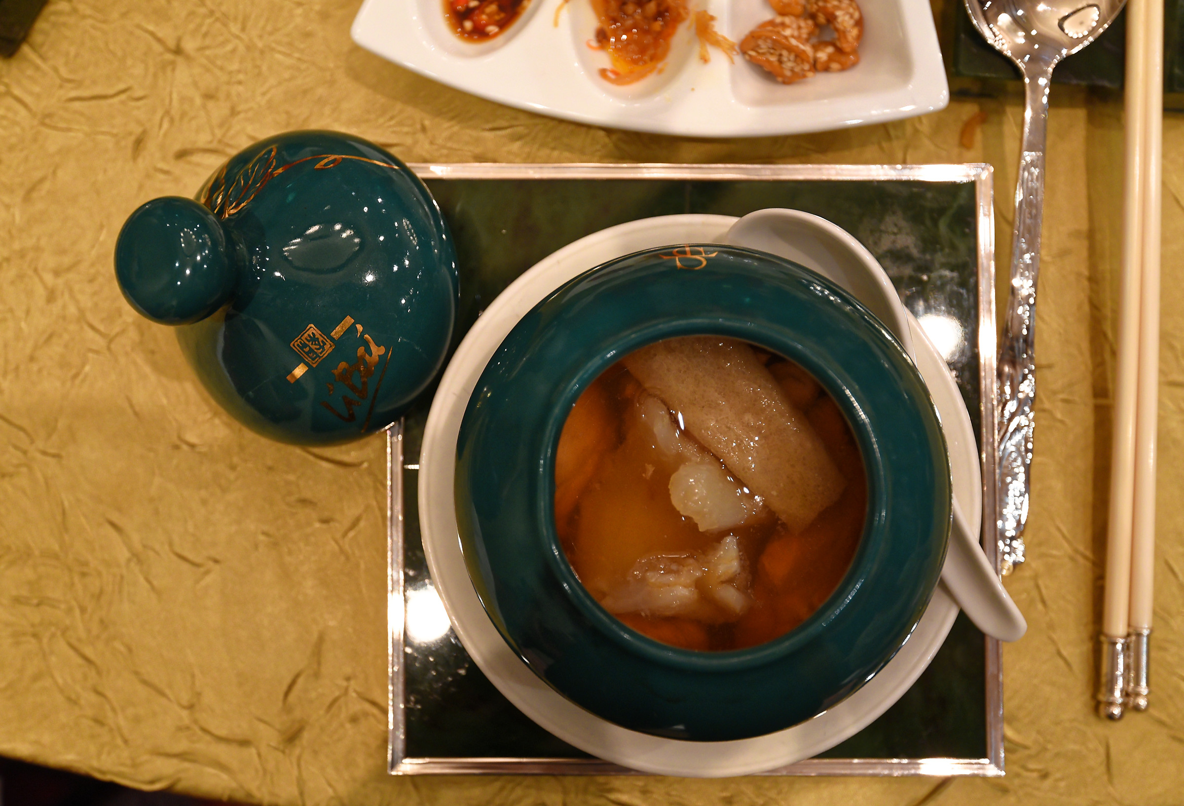 Double-boiled Chicken Soup with Fish Maw, Morel Mushroom, Pearl Meat, Bamboo Pith and Tientsin Cabbage