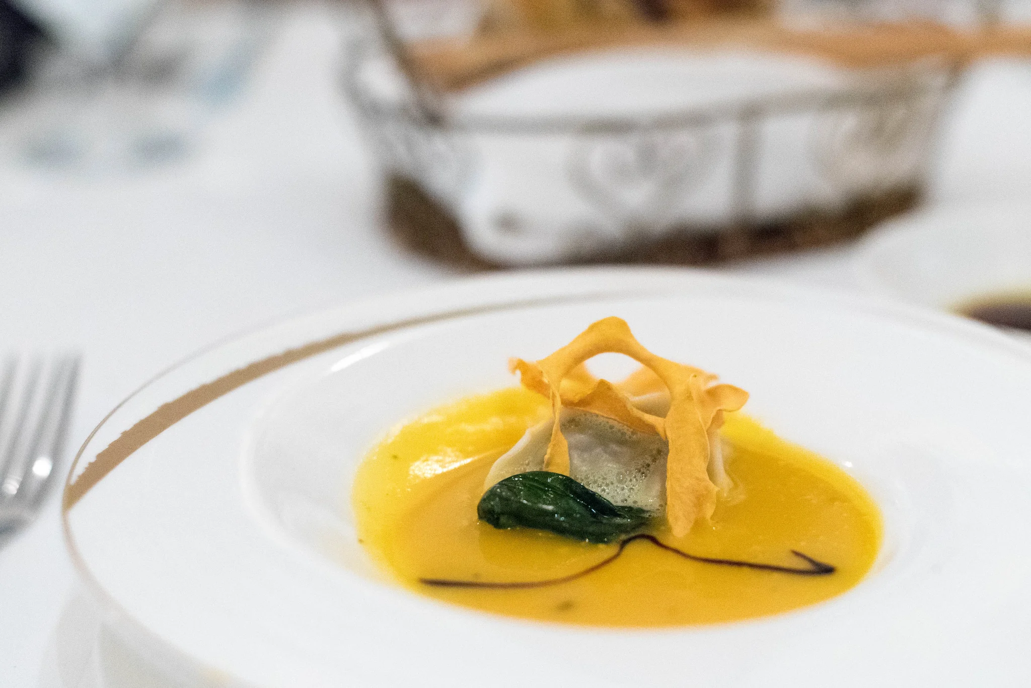 Vellutata di Zucca e Ravioli di Anatra (S$18++) - p hotograph shows a tasting portion only.