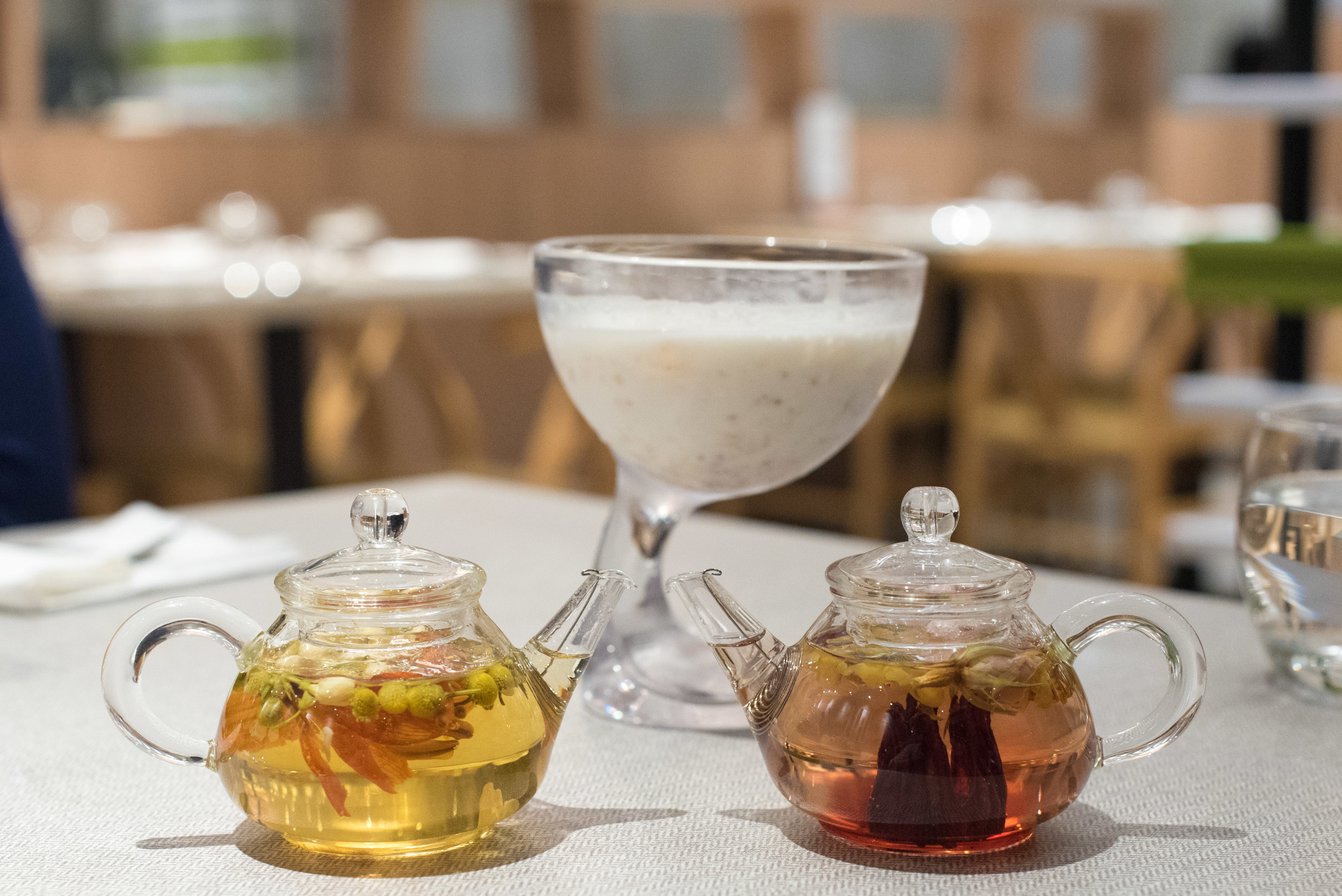 LEFT: Chamomile Tea (Hot) | Right: Roselle Tea (Hot)Elemen 元素