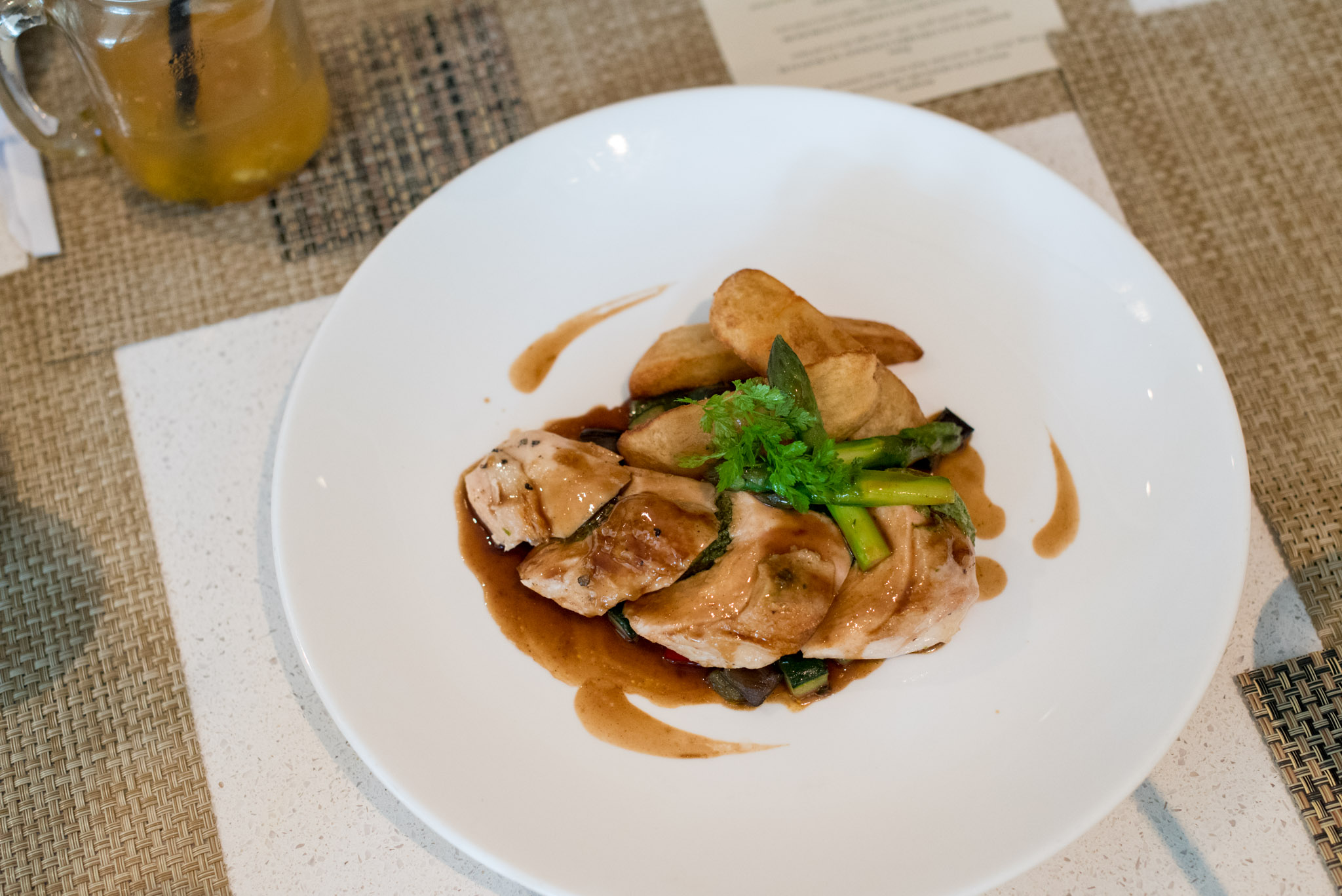 Spinach Stuffed Roasted Chicken Breast, Vegetables Caponata, Rocket Pesto SauceThe Waterfall - Shangri-La Singapore