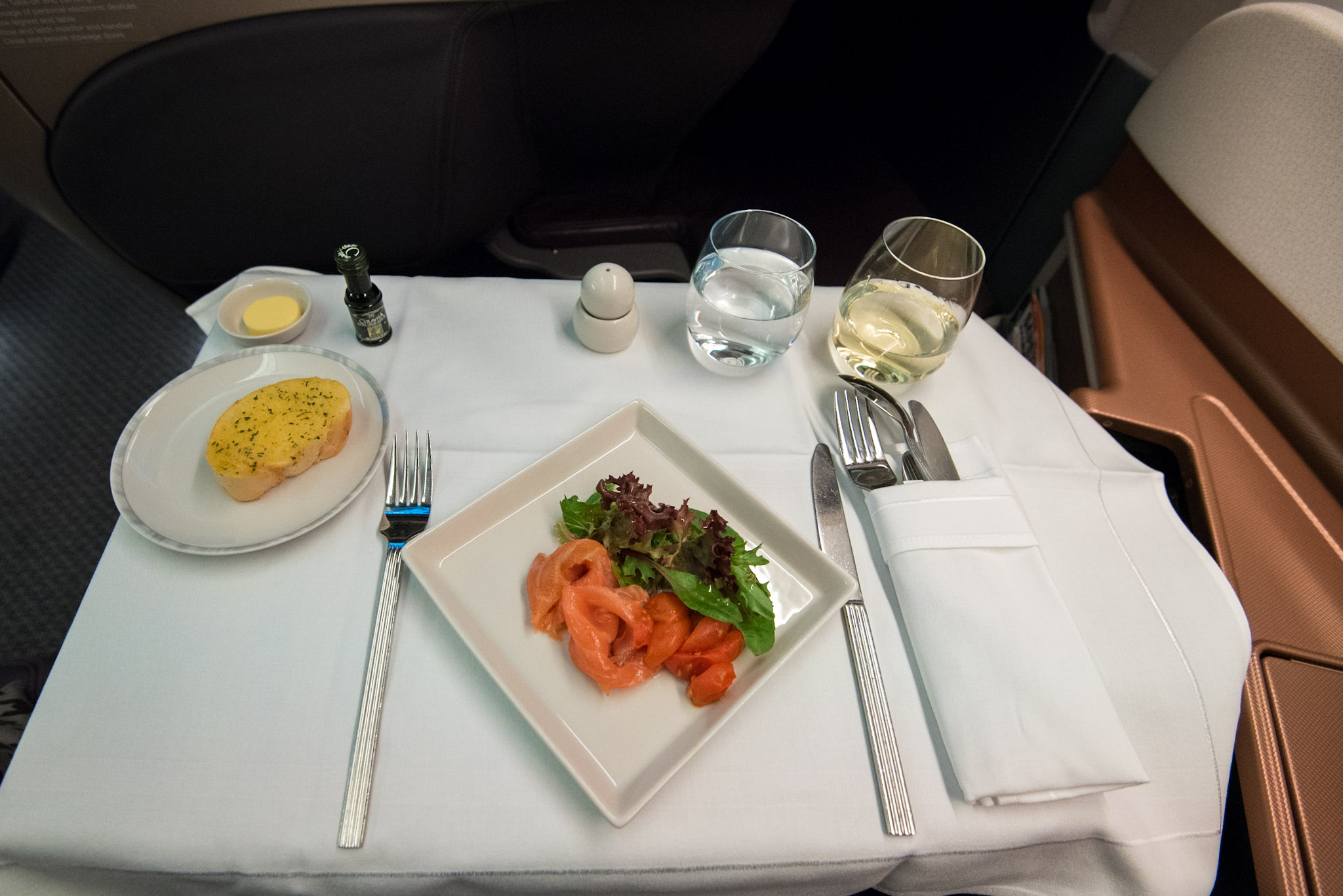 Bread and Smoked Salmon with Cherry Tomato Confit and MesclunBoeing 777-300ER (Business Class) - Singapore Airlines