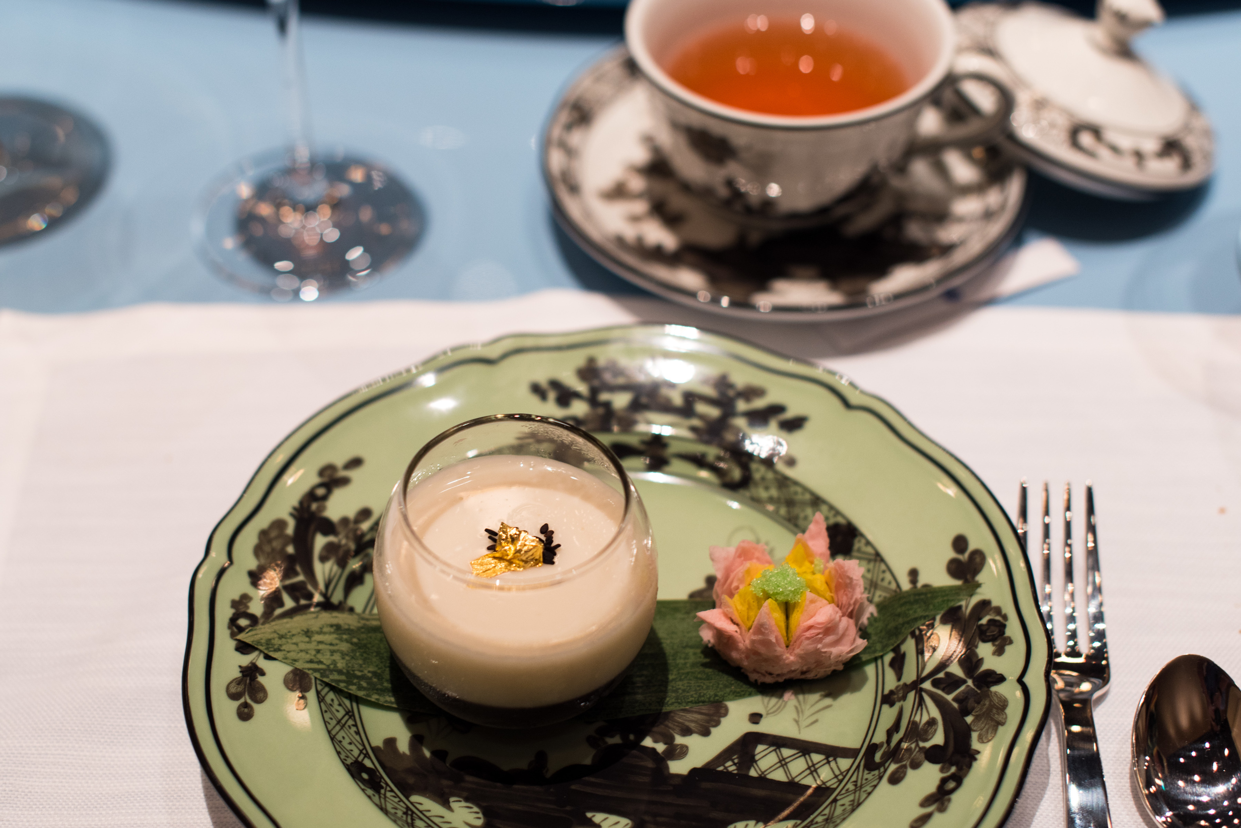 Sweetened Almond Tea, Black Sesame Crispy Red Bean and Green Tea PuffSummer Pavilion - The Ritz-Carlton, Millenia Singapore
