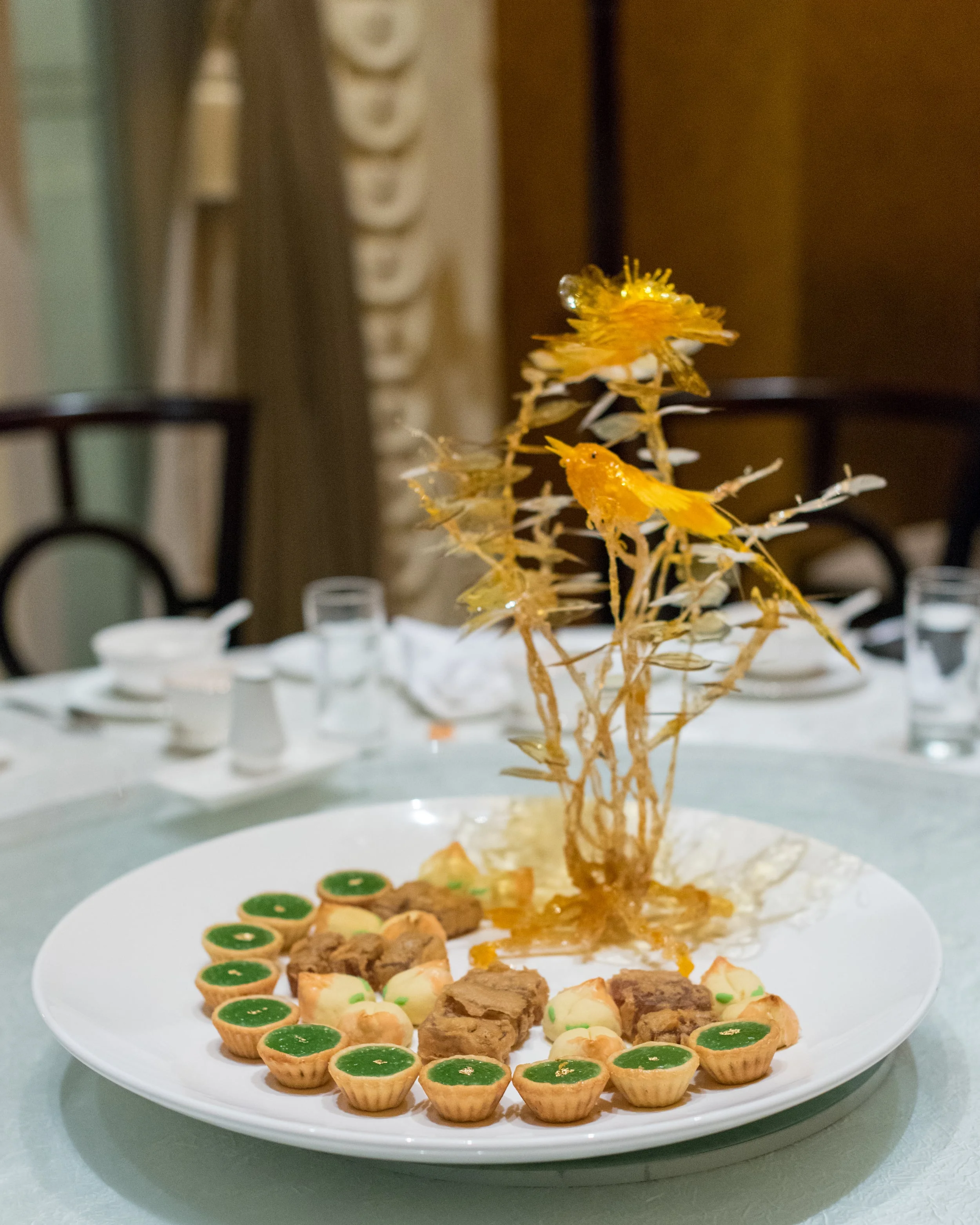 Honey Peach Pastry, Pan-fried Rose-flavoured Water Chestnut Cake and Sweet Potato Pandan-flavoured 'Nian Gao' Tart Jade - The Fullerton Hotel
